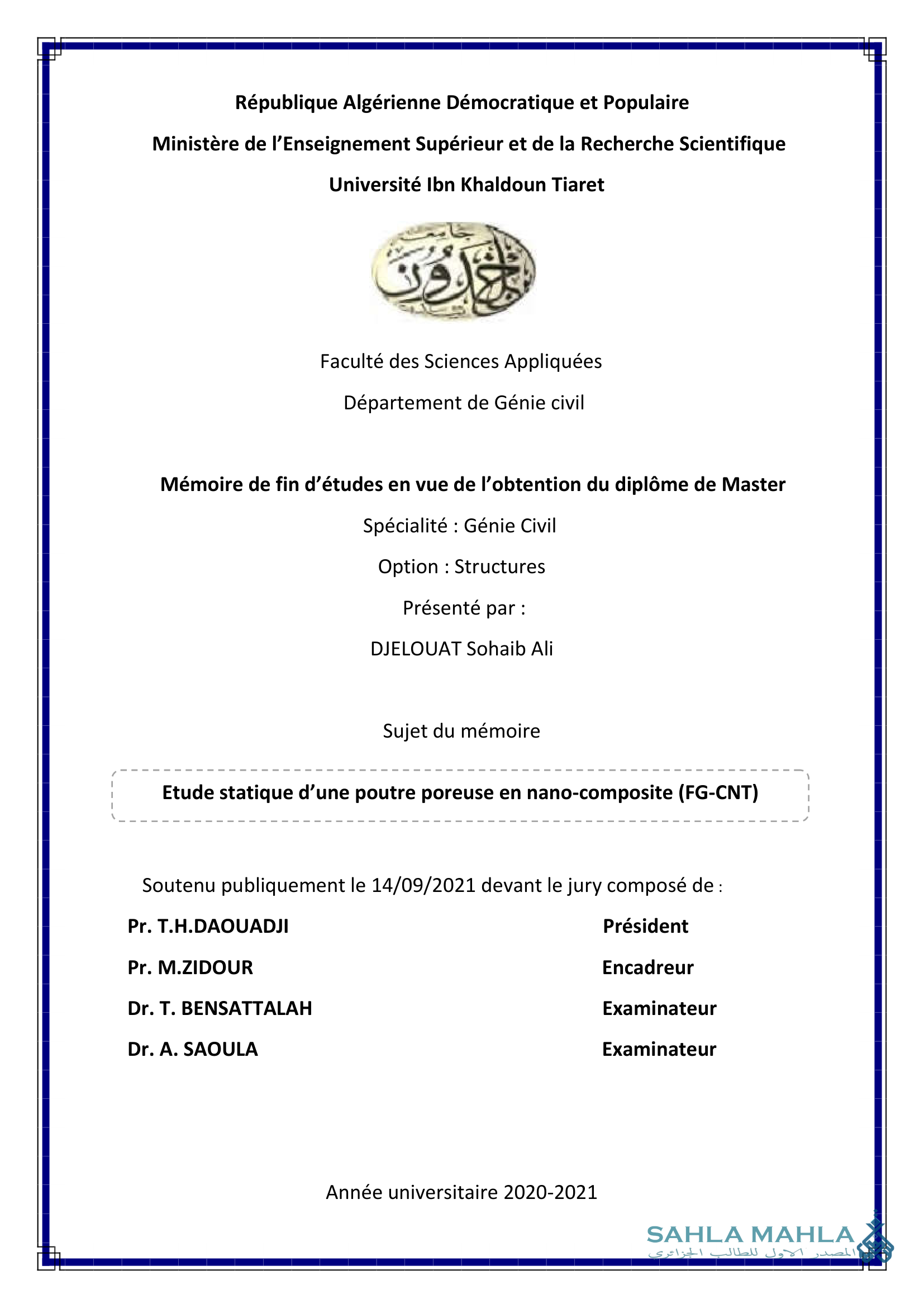 Etude statique d'une poutre poreuse en nano-composite (FG-CNT)