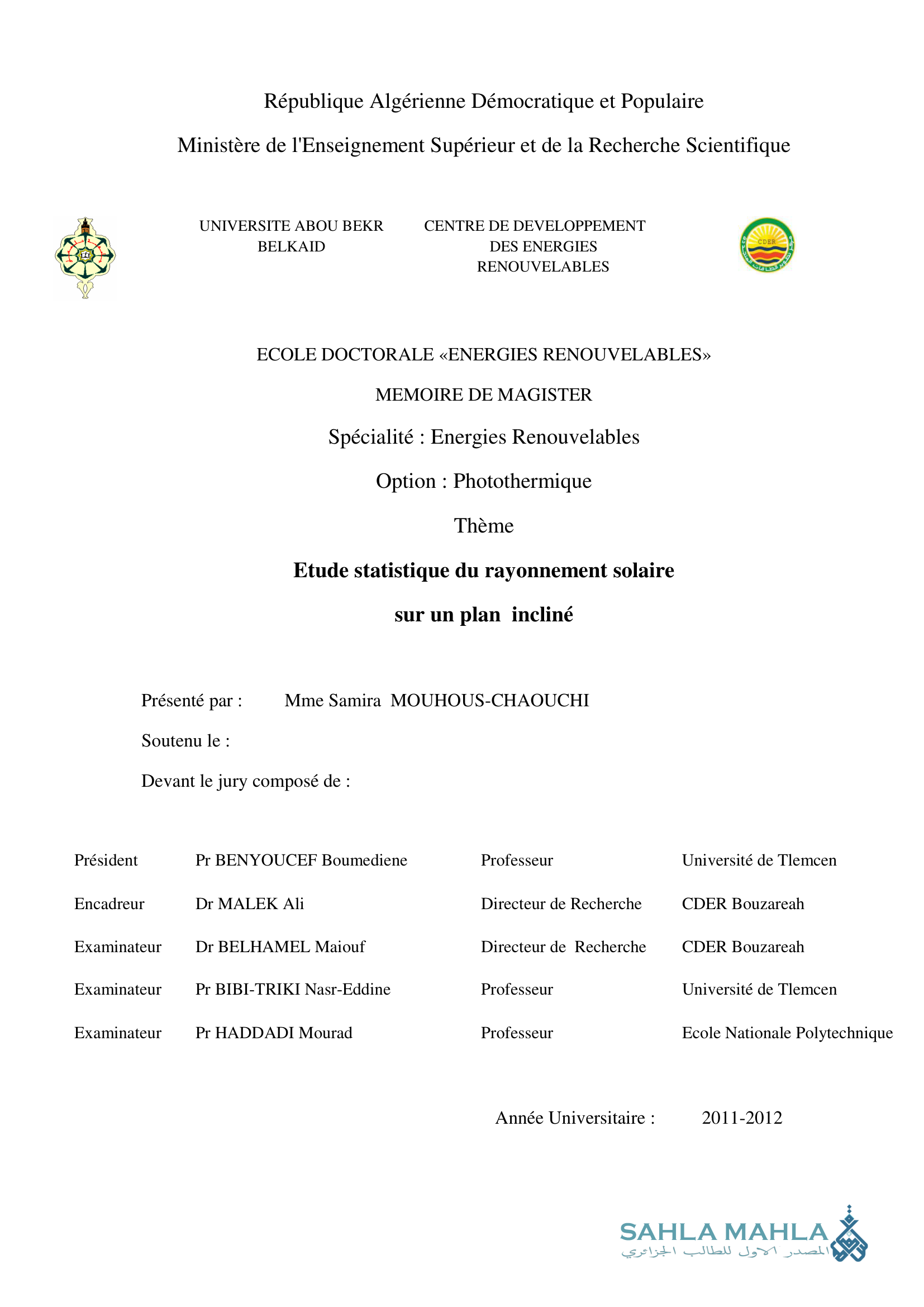 Etude statistique du rayonnement solaire sur un plan incliné
