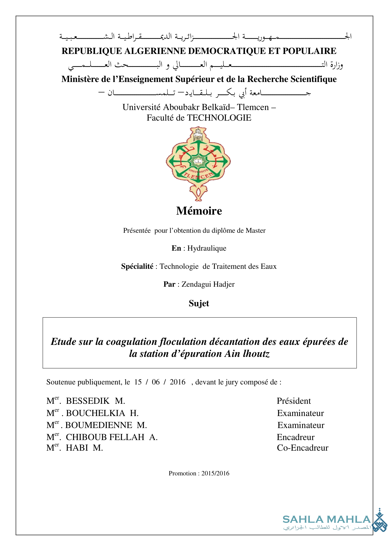 Etude sur la coagulation floculation décantation des eaux épurées de la station d'épuration Ain lhoutz