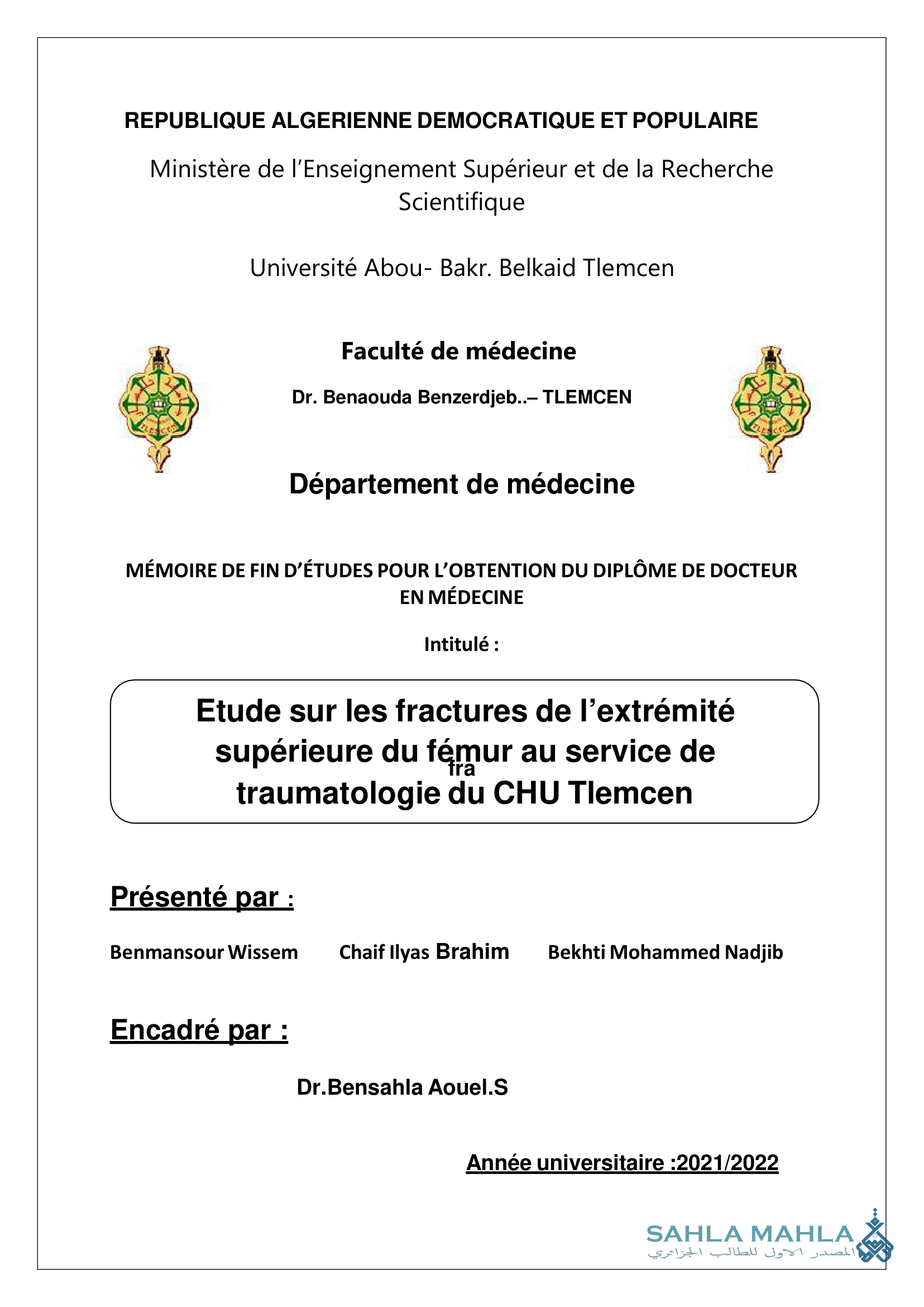 Etude sur les fractures de l'extrémité supérieure du fémur au service de traumatologie du CHU Tlemcen