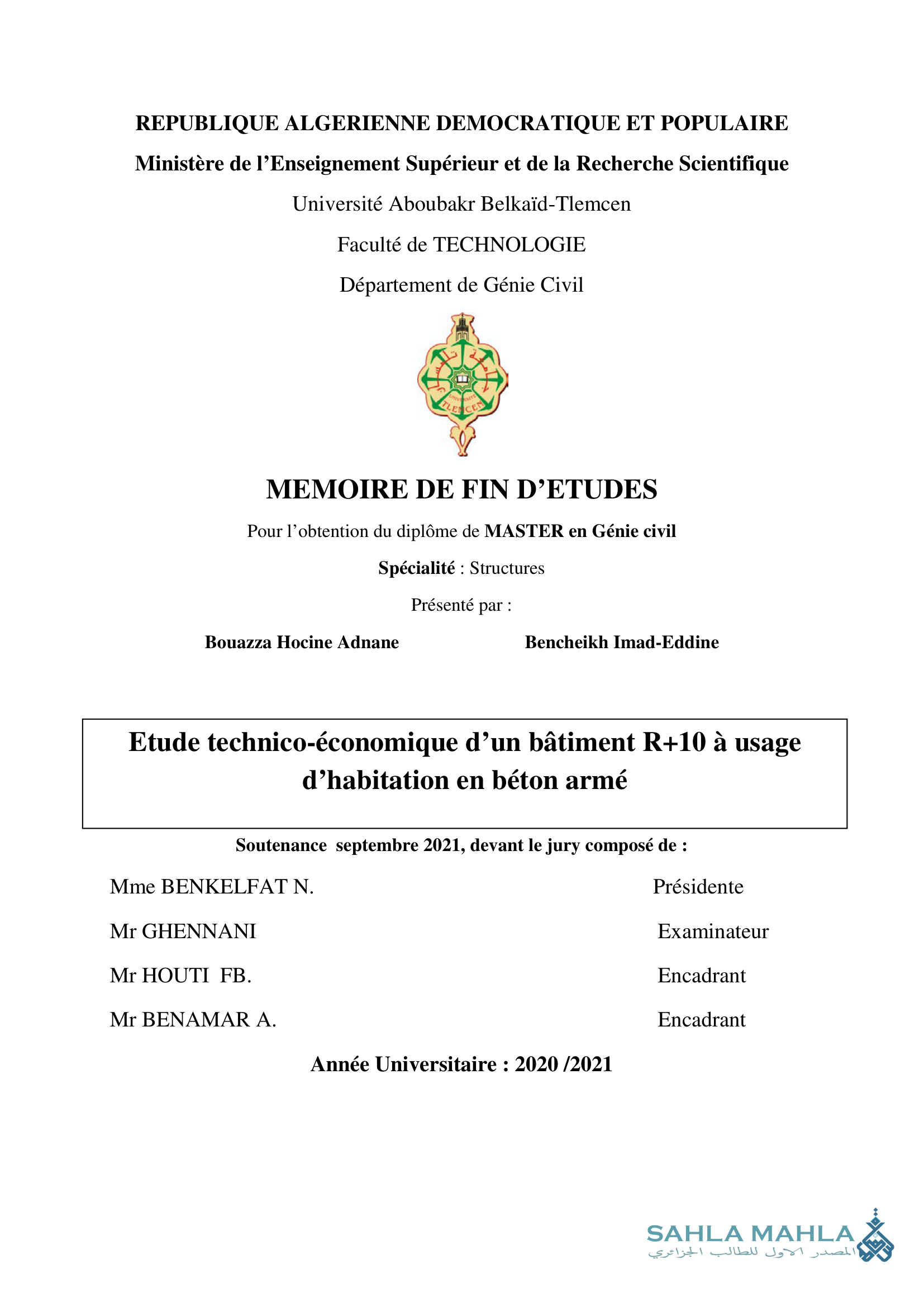 Etude technico-économique d'un bâtiment R+10 à usage d'habitation en béton armé