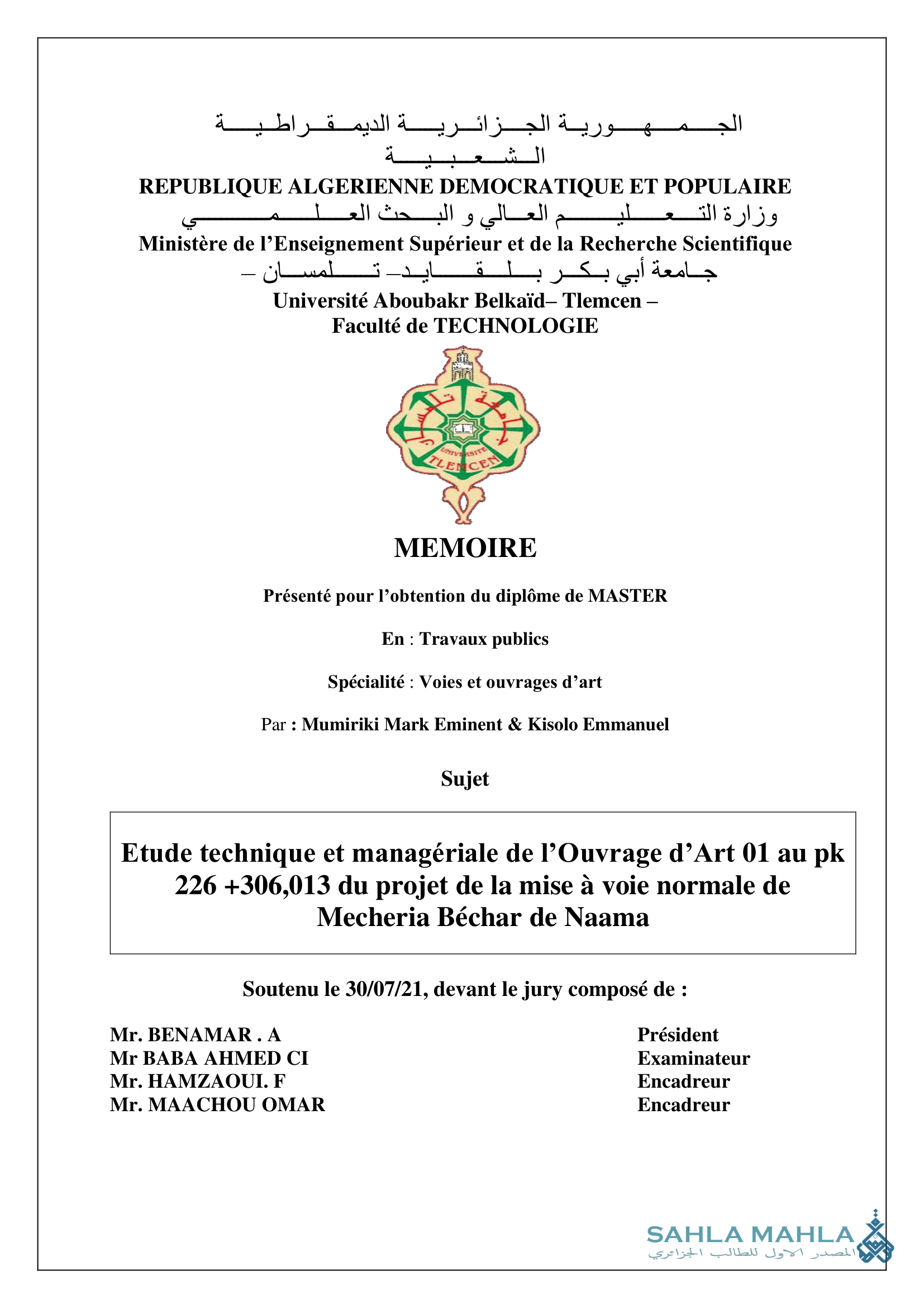 Etude technique et managériale de l'Ouvrage d'Art 01 au pk 226 +306,013 du projet de la mise à voie normale de Mecheria Béchar de Naama