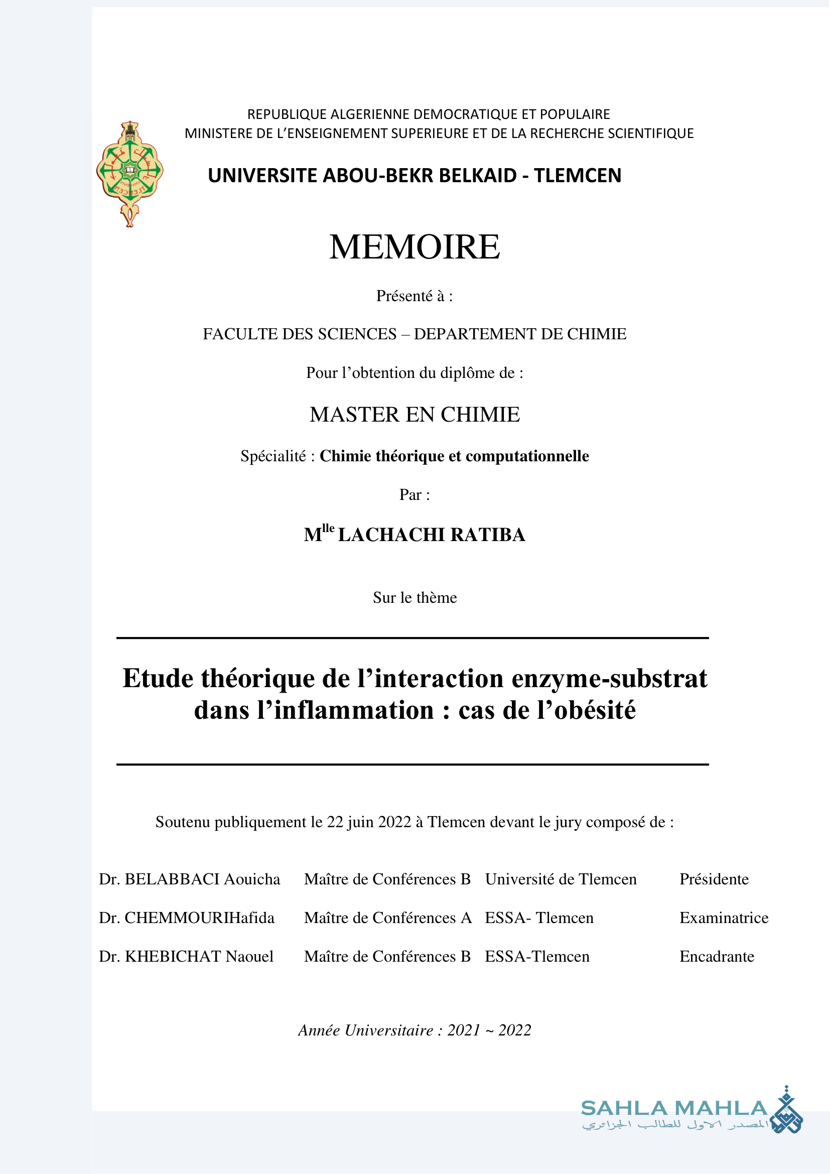 Etude théorique de l'interaction enzyme-substrat dans l'inflammation: cas de l'obésité