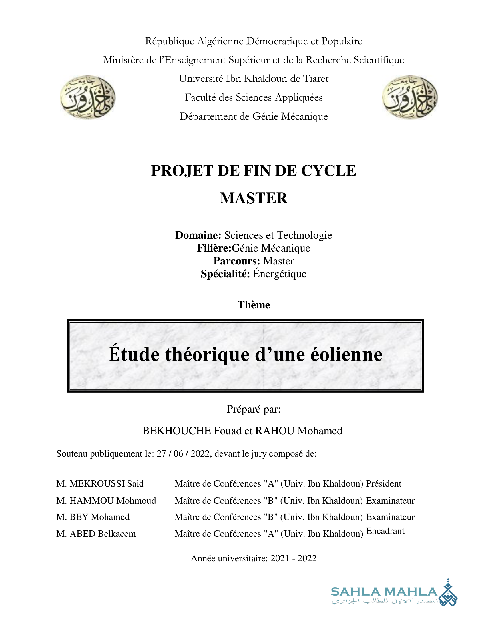 Étude théorique d'une éolienne