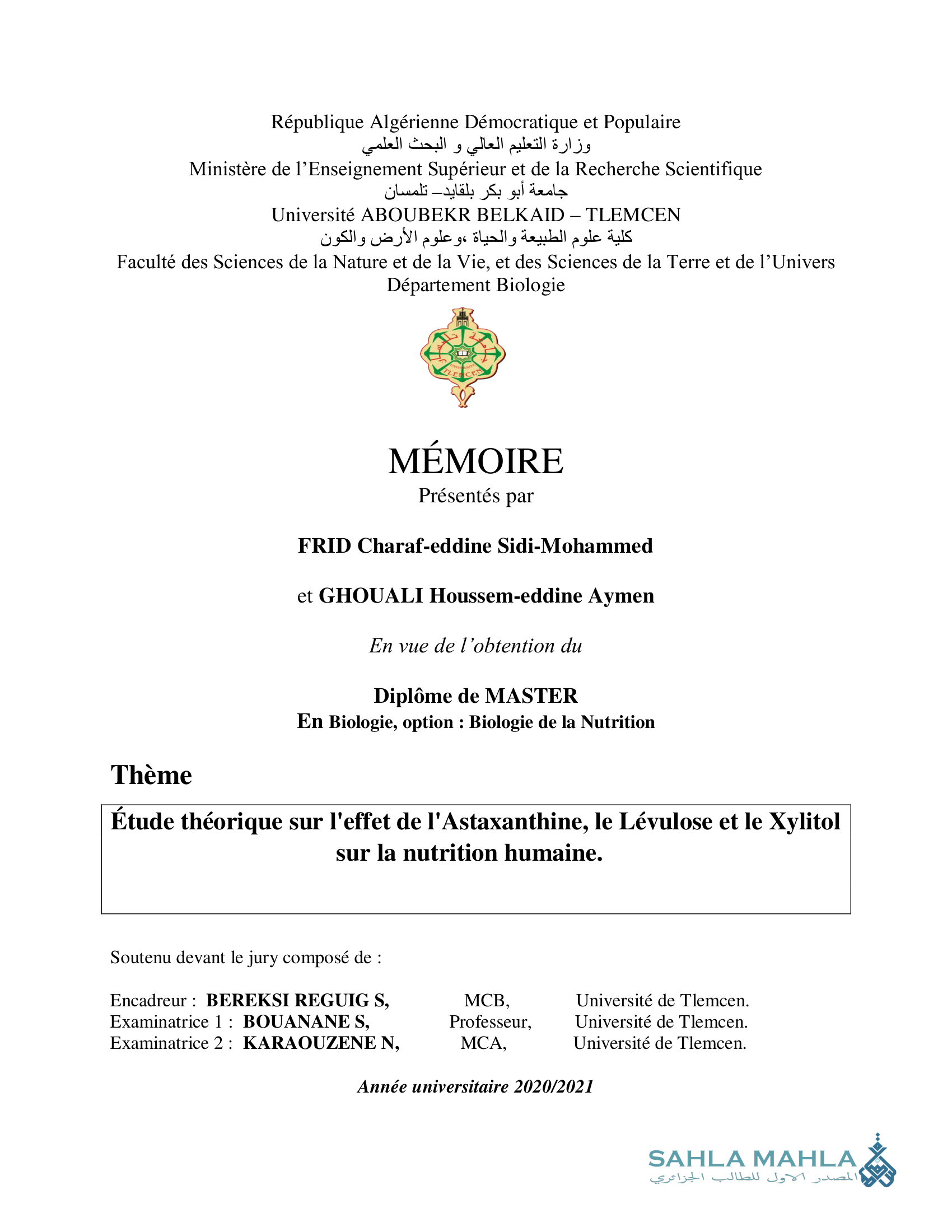 Étude théorique sur l'effet de l'Astaxanthine, le Lévulose et le Xylitol sur la nutrition humaine.