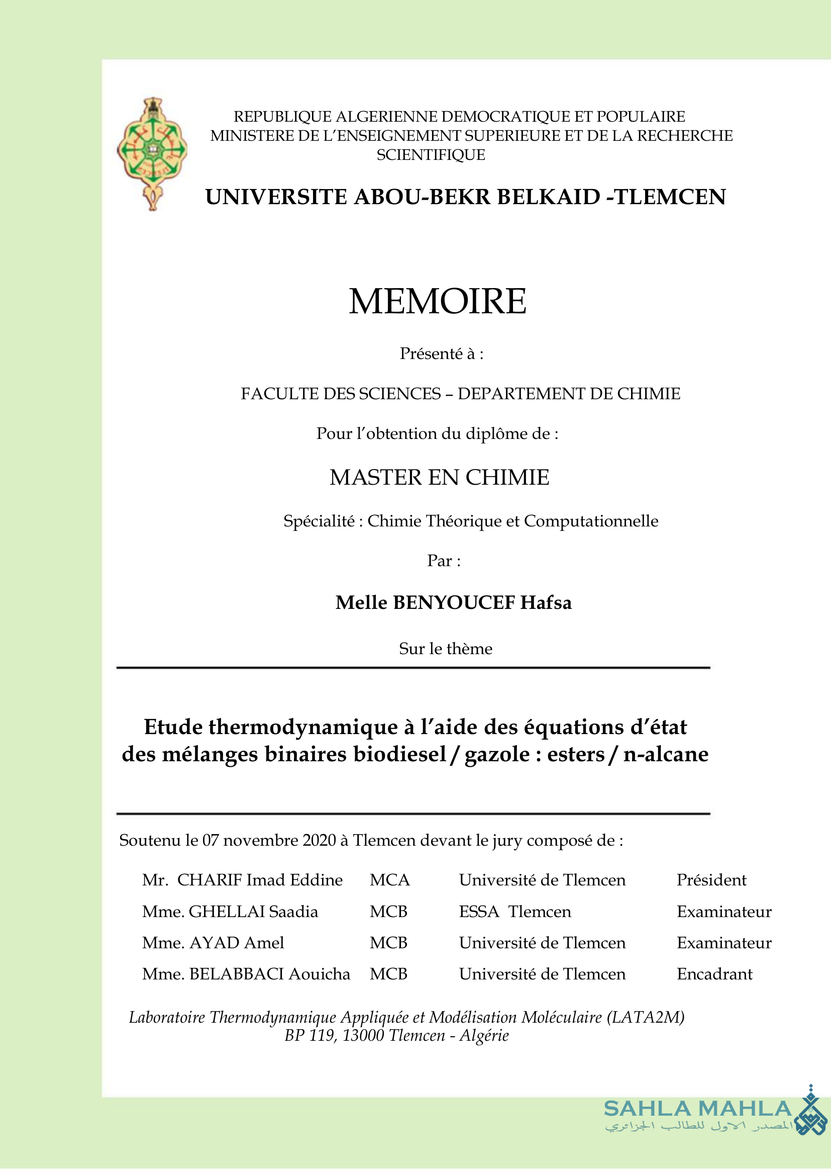 Etude thermodynamique à l'aide des équations d'état des mélanges binaires biodiesel/gazole : esters/n-alcane