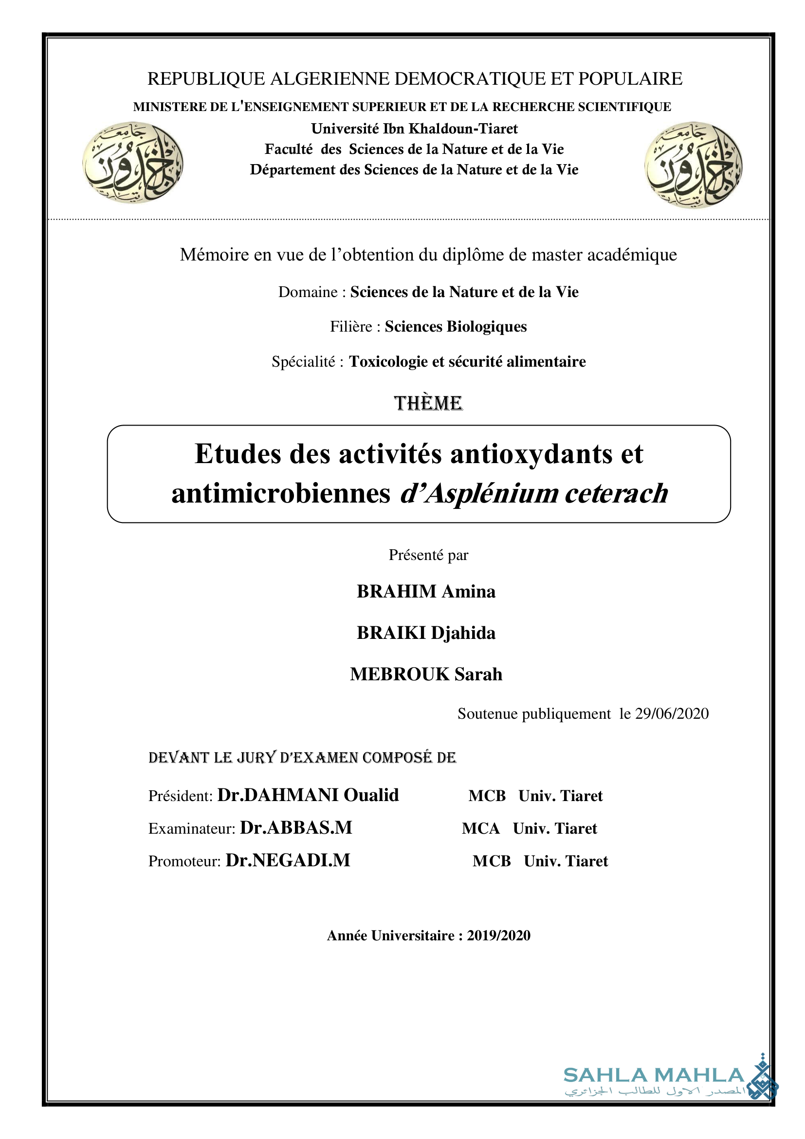 Etudes des activités antioxydants et antimicrobiennes d'Asplénium ceterach