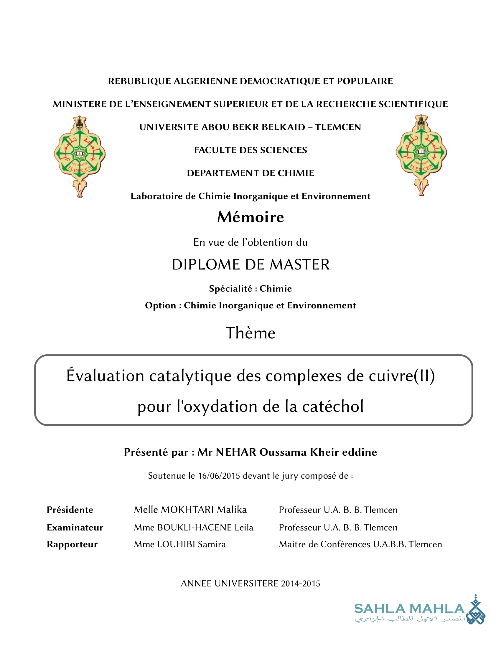 Évaluation catalytique des complexes de cuivre(II) pour l'oxydation de la catéchol