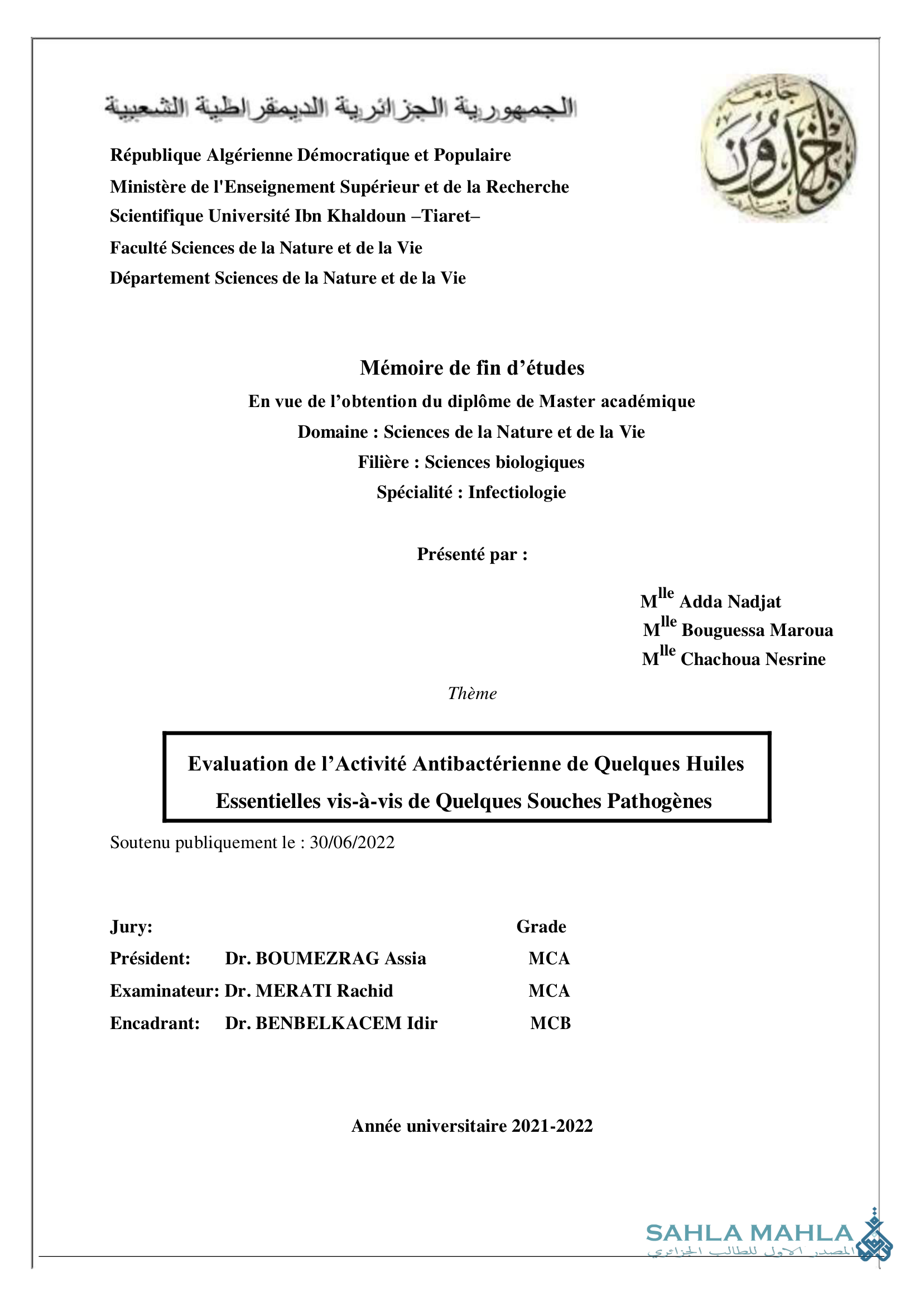 Evaluation de l'Activité Antibactérienne de Quelques Huiles Essentielles vis-à-vis de Quelques Souches Pathogènes