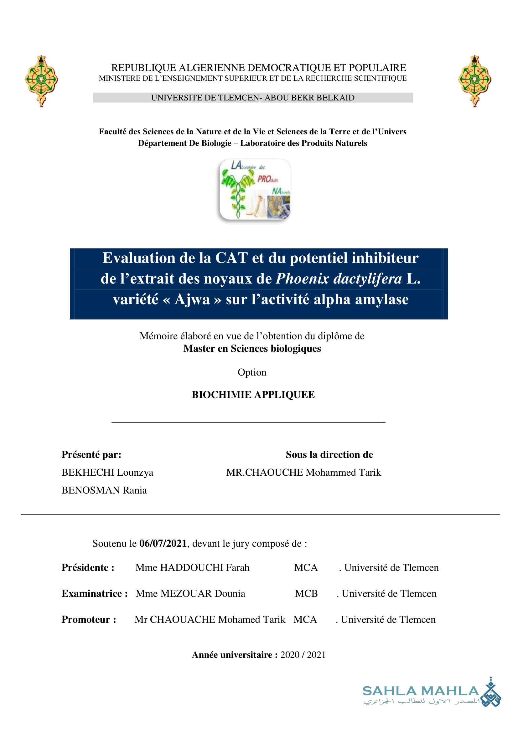 Evaluation de la CAT et du potentiel inhibiteur de l'extrait des noyaux de Phoenix dactylifera L. variété « Ajwa » sur l'activité alpha amylase