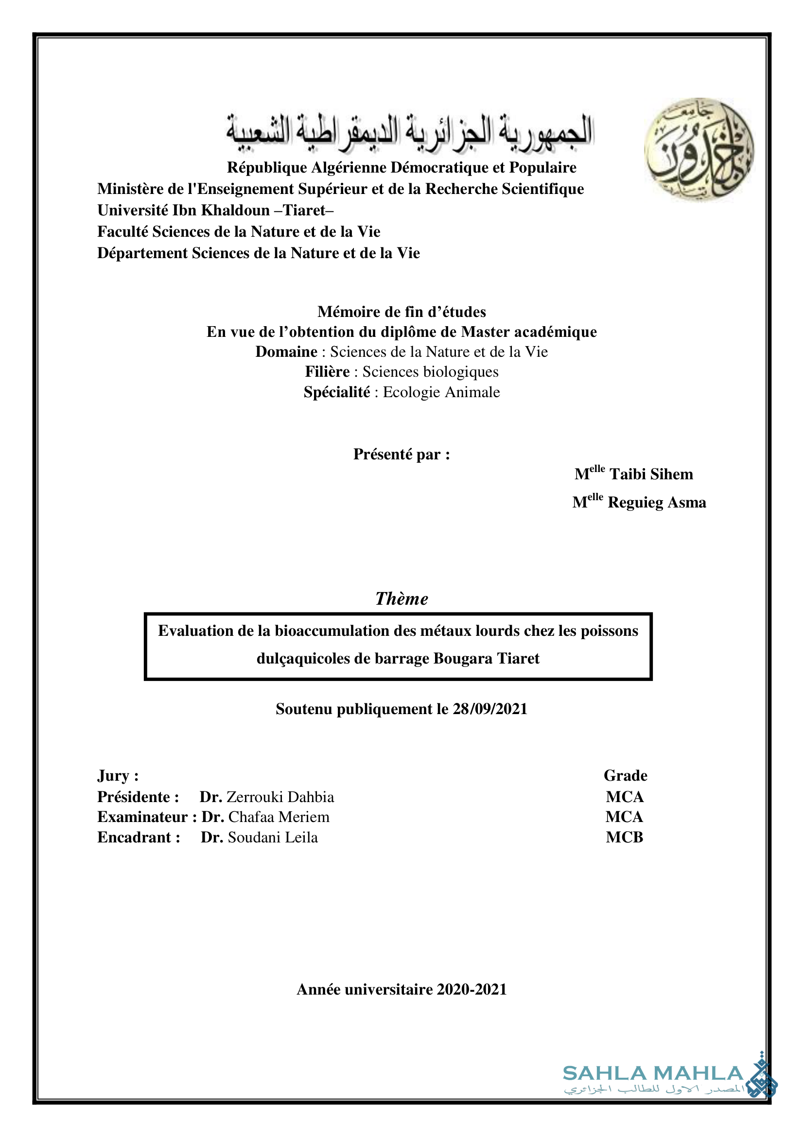 Evaluation de la bioaccumulation des métaux lourds chez les poissons dulçaquicoles de barrage Bougara Tiaret