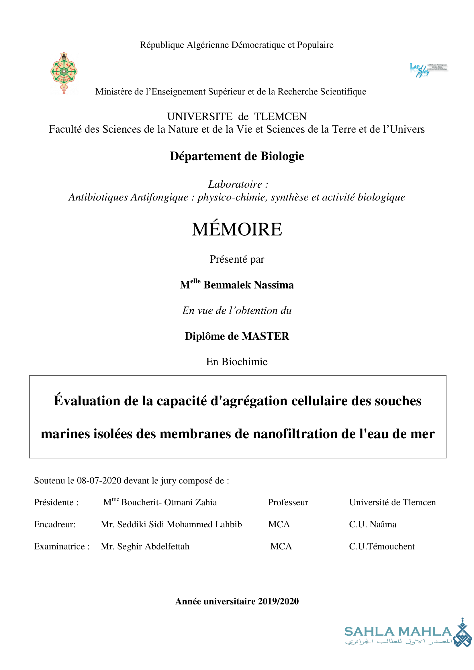 Évaluation de la capacité d'agrégation cellulaire des souches marines isolées des membranes de nanofiltration de l'eau de mer