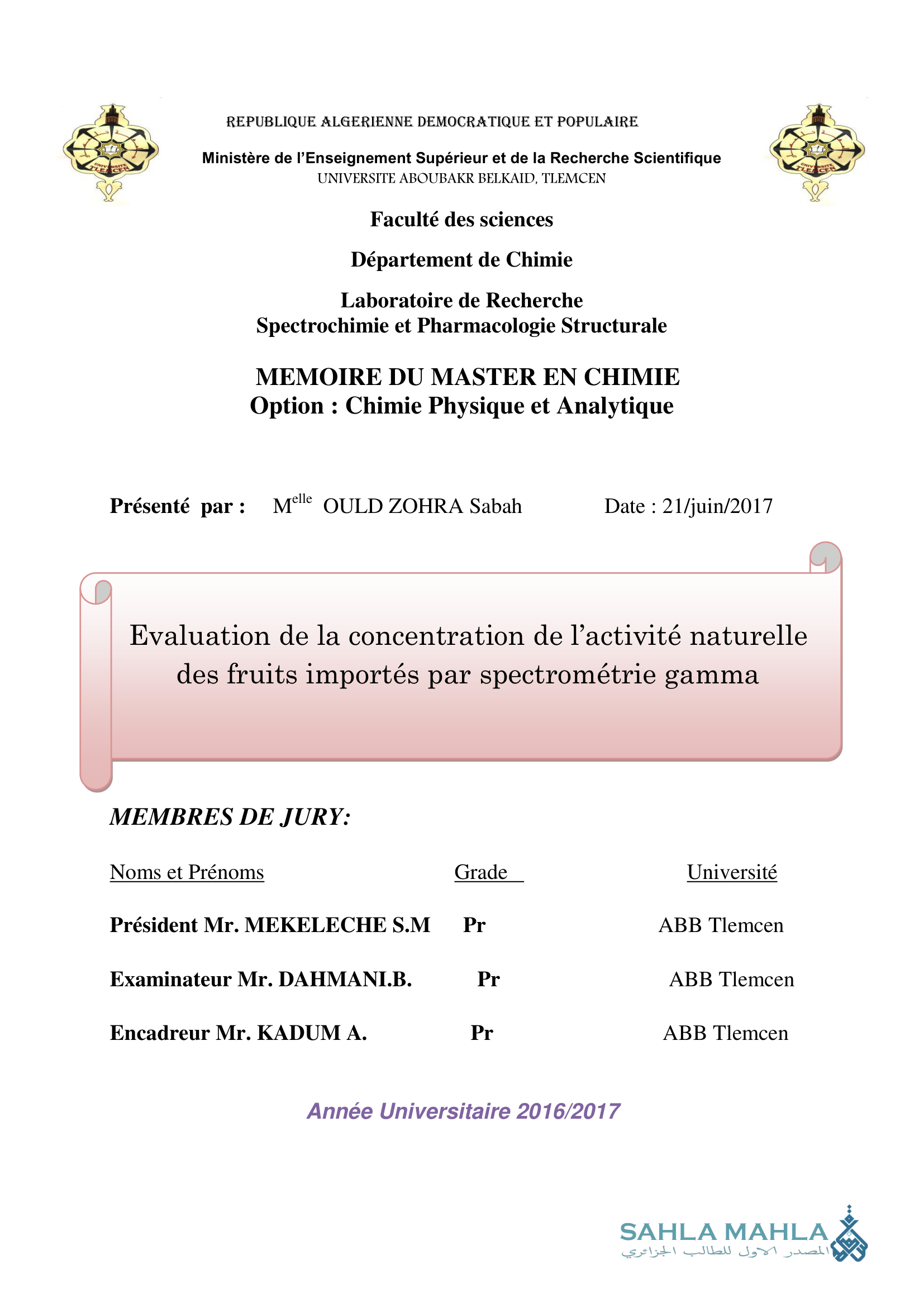 Evaluation de la concentration de l'activité naturelle des fruits importés par spectrométrie gamma