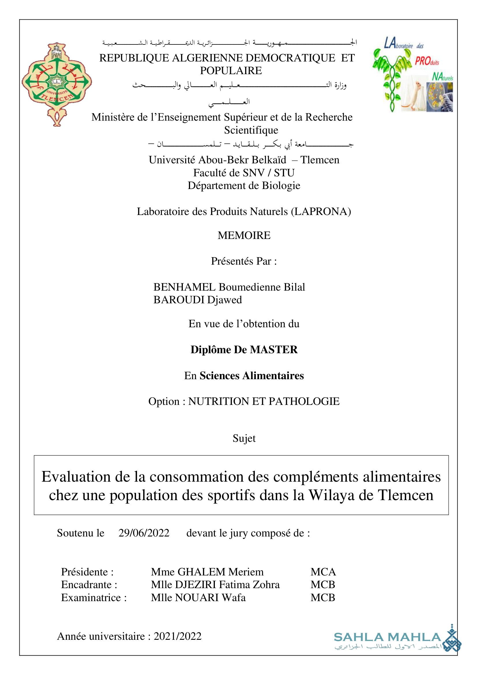 Evaluation de la consommation des compléments alimentaires chez une population des sportifs dans la Wilaya de Tlemcen