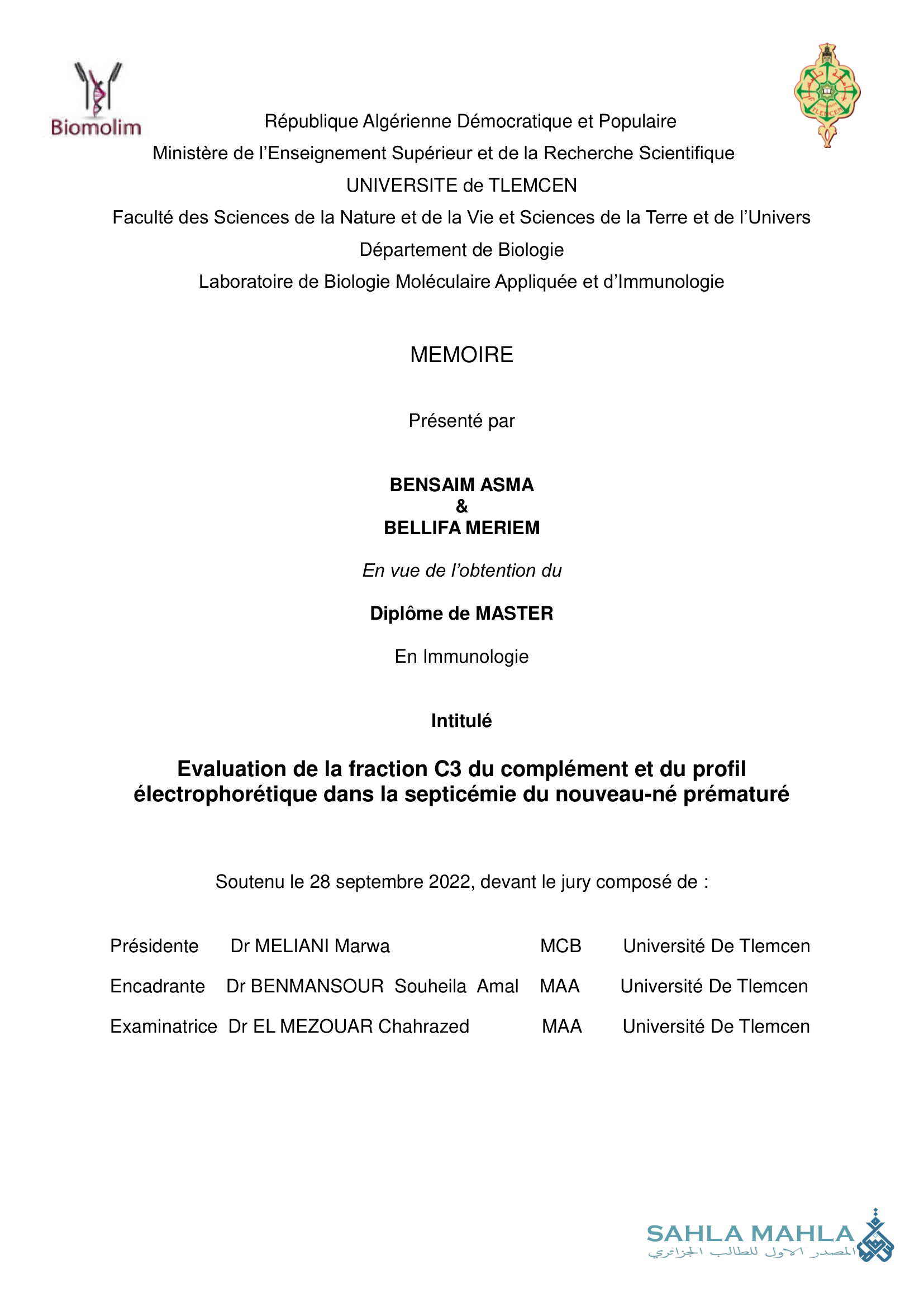 Evaluation de la fraction C3 du complément et du profil électrophorétique dans la septicémie du nouveau-né prématuré