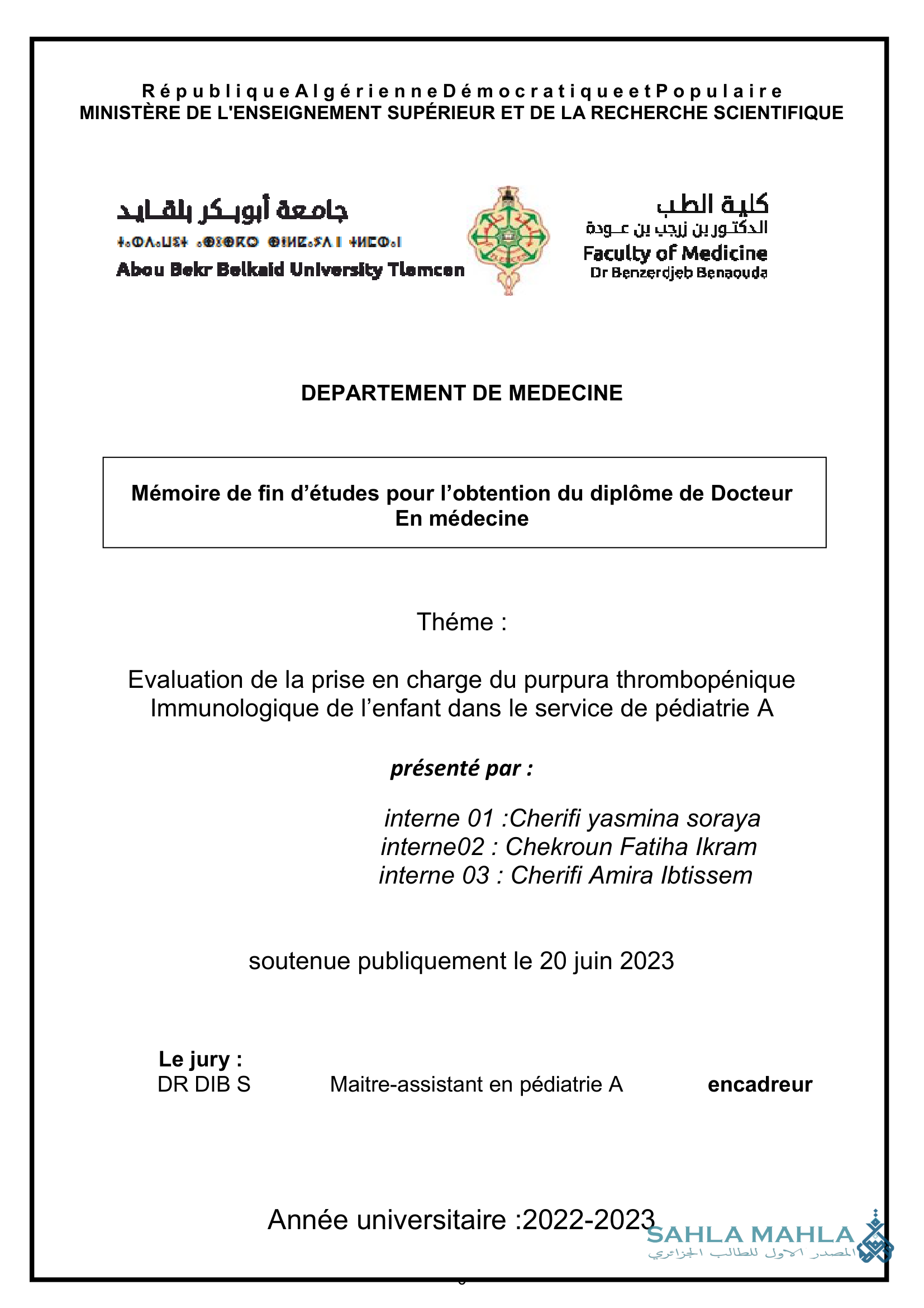 Evaluation de la prise en charge du purpura thrombopénique Immunologique de l'enfant dans le service de pédiatrie A
