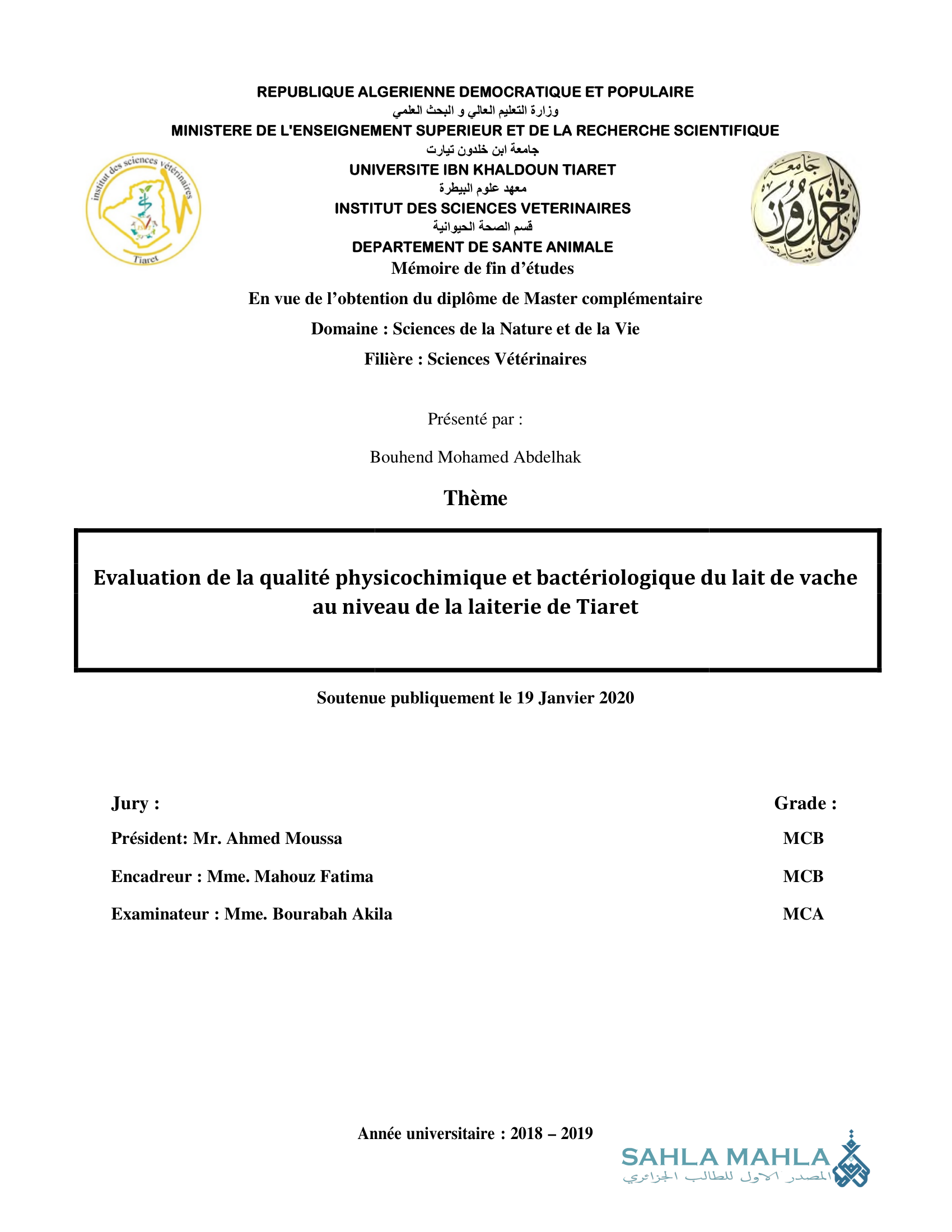 Evaluation de la qualité physicochimique et bactériologique du lait de vache au niveau de la laiterie de Tiaret