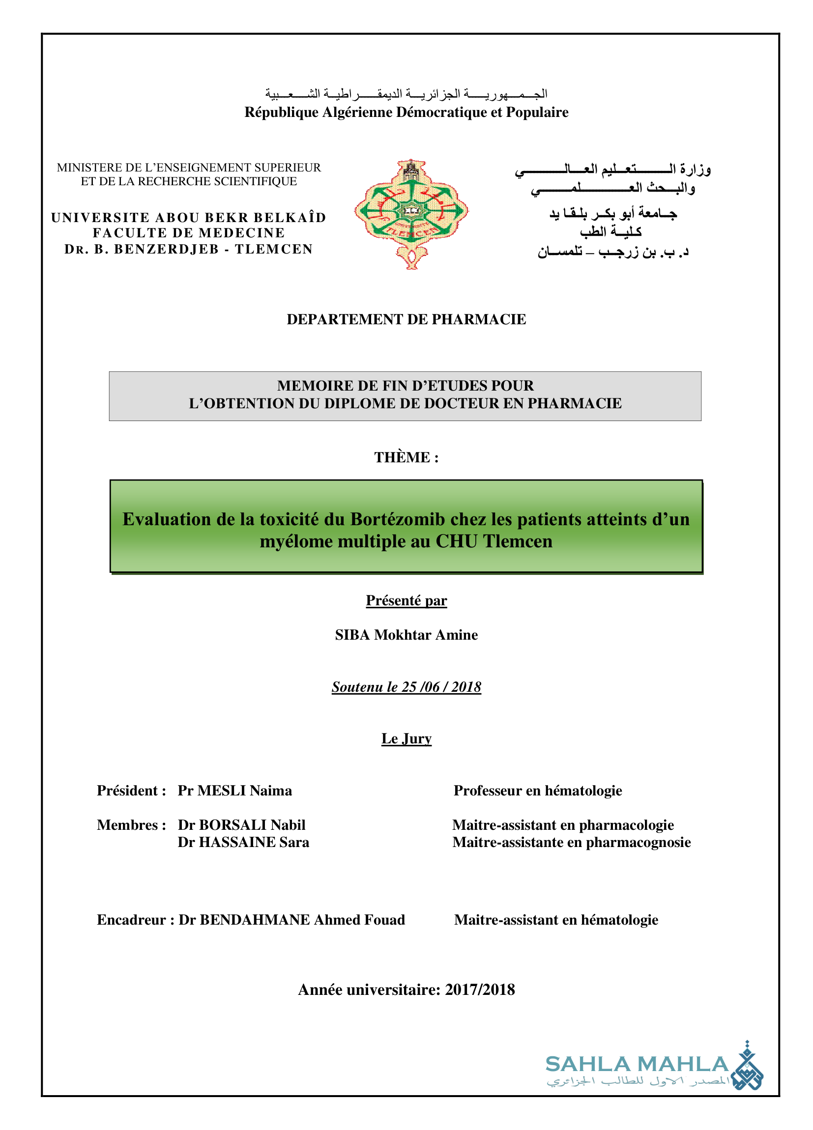 Evaluation de la toxicité du Bortezomib chez les patients atteints d'un myélome multiple au CHU Tlemcen