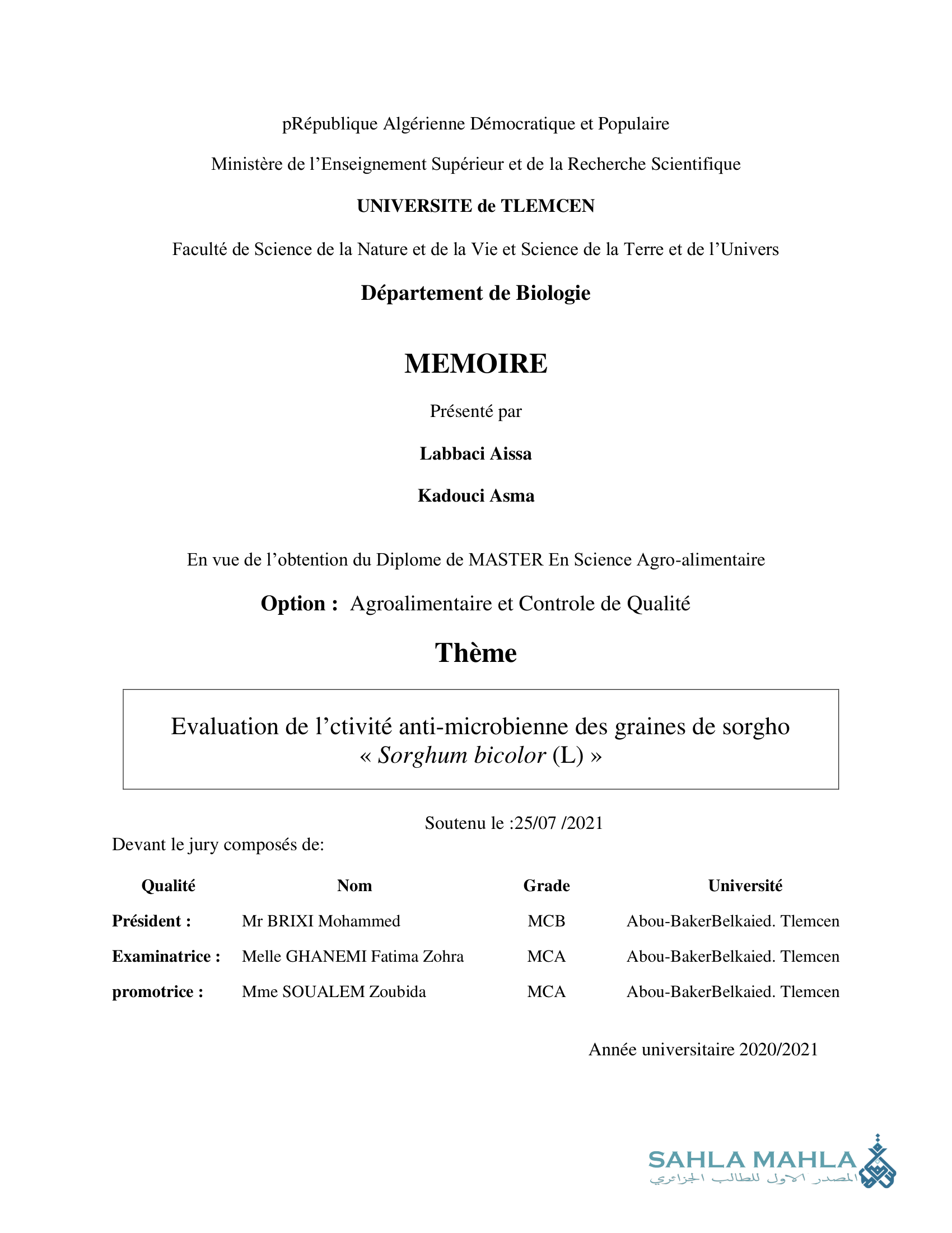 Evaluation de l'activité anti-microbienne des graines de sorgho << Sorghum bicolor (L) »