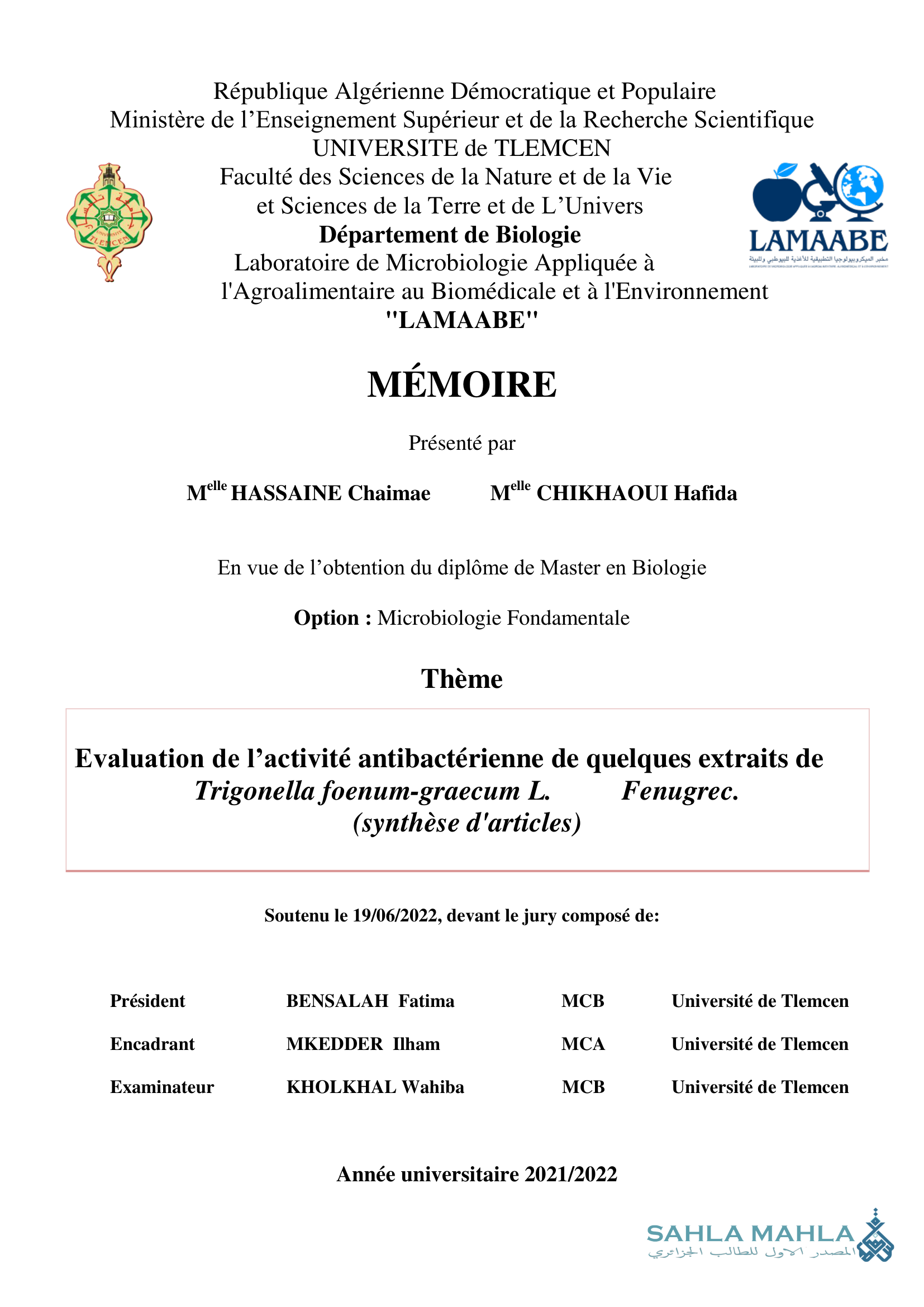 Evaluation de l'activité antibactérienne de quelques extraits de Trigonella foenum-graecum L. (synthèse d'articles)