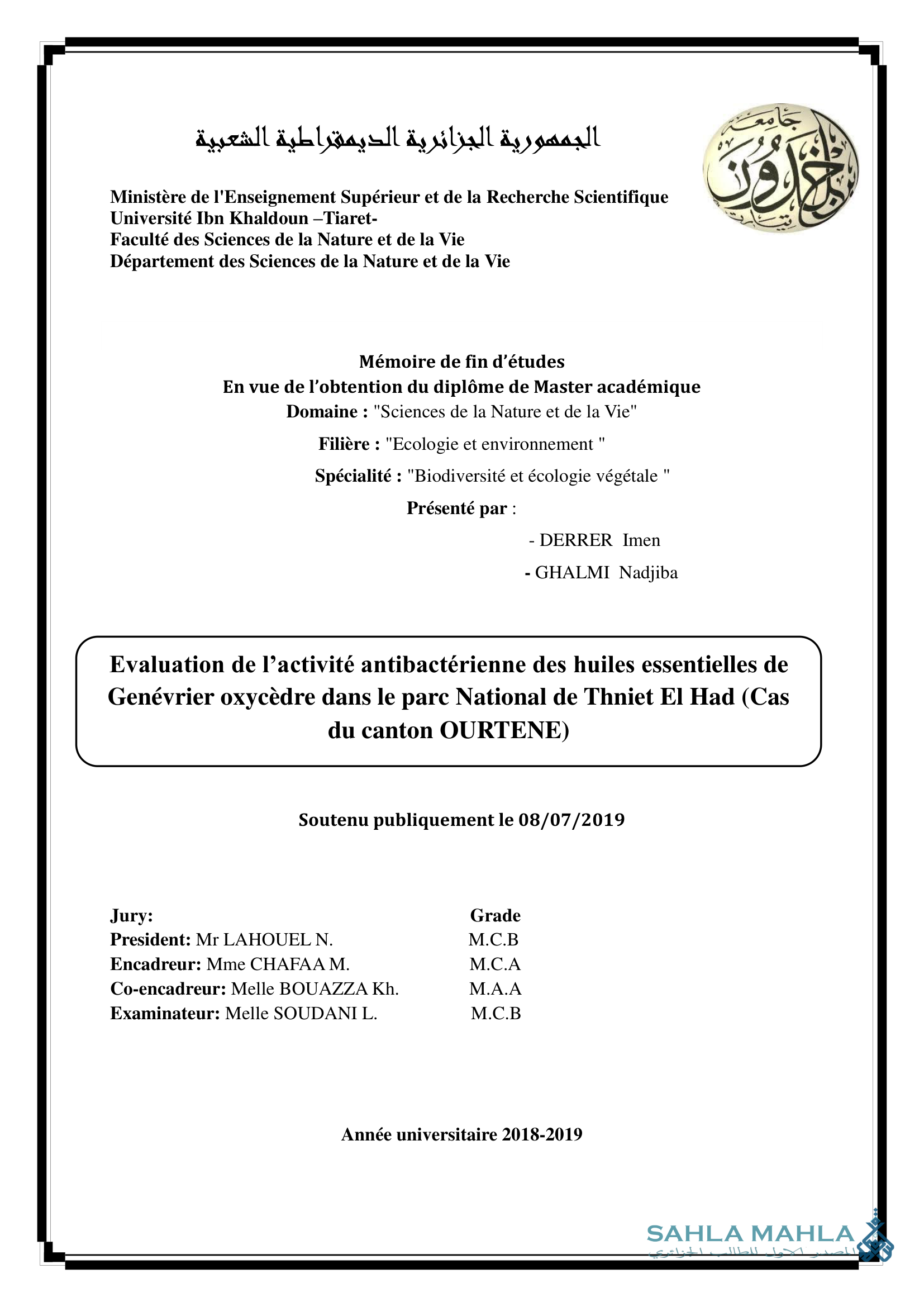 Evaluation de l'activité antibactérienne des huiles essentielles de Genévrier oxycèdre dans le parc National de Thniet El Had (Cas du canton OURTENE)