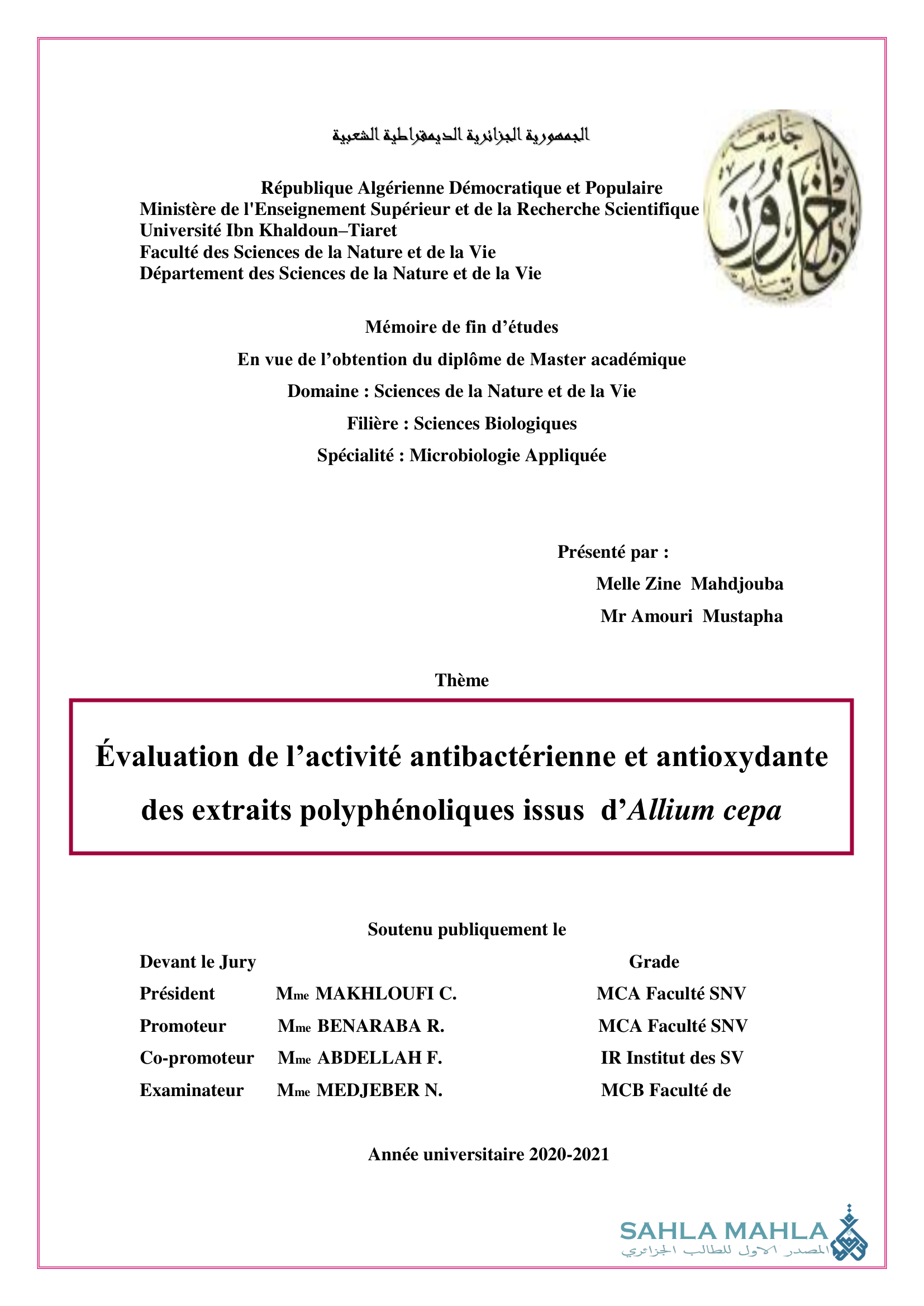 Évaluation de l'activité antibactérienne et antioxydante des extraits polyphénoliques issus d'Allium cepa