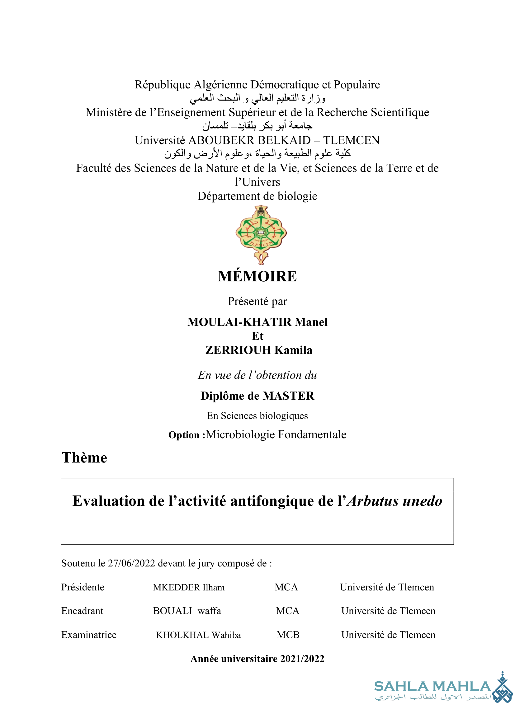 Evaluation de l'activité antifongique de l'Arbutus unedo