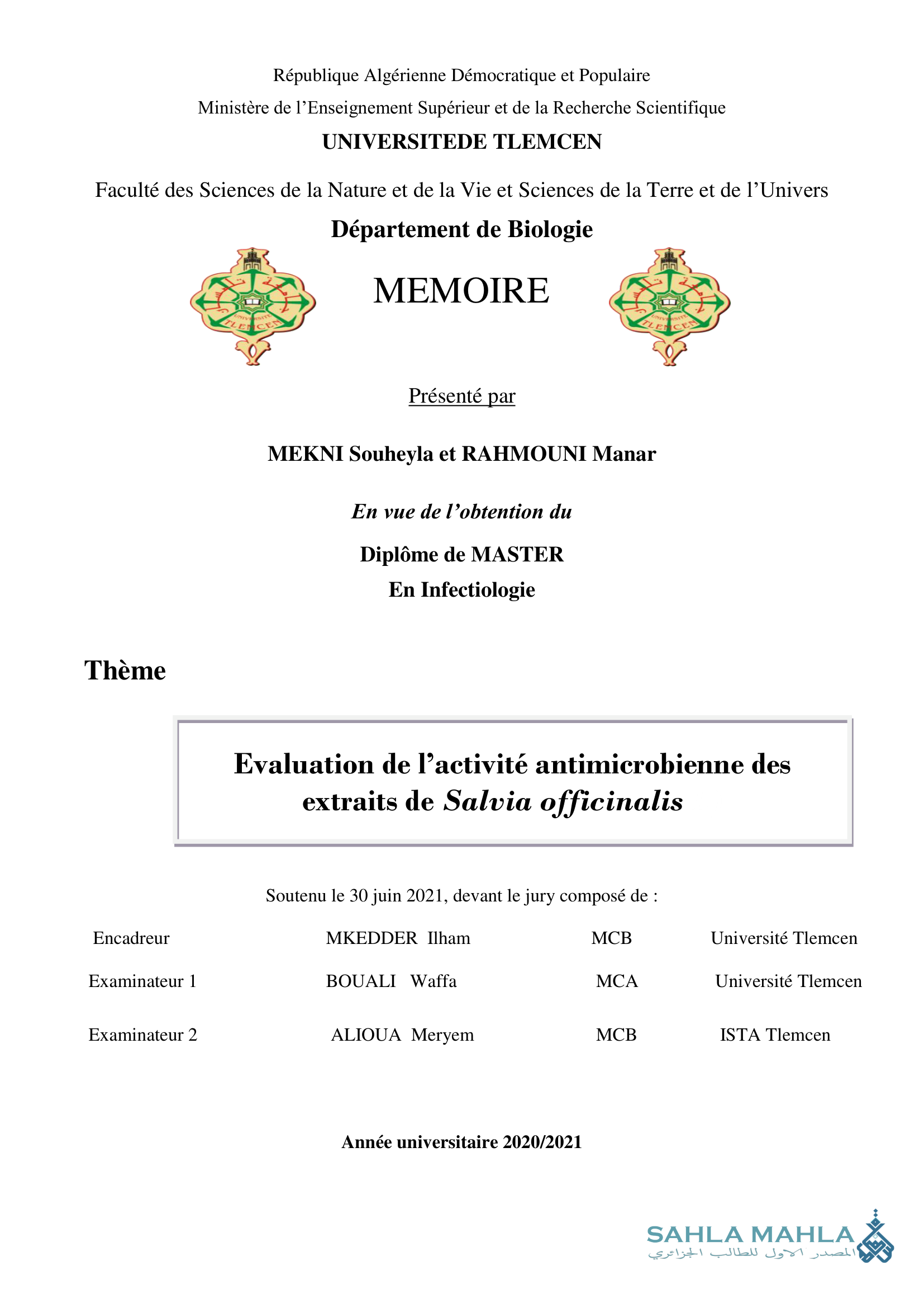 Evaluation de l'activité antimicrobienne des extraits de Salvia officinalis