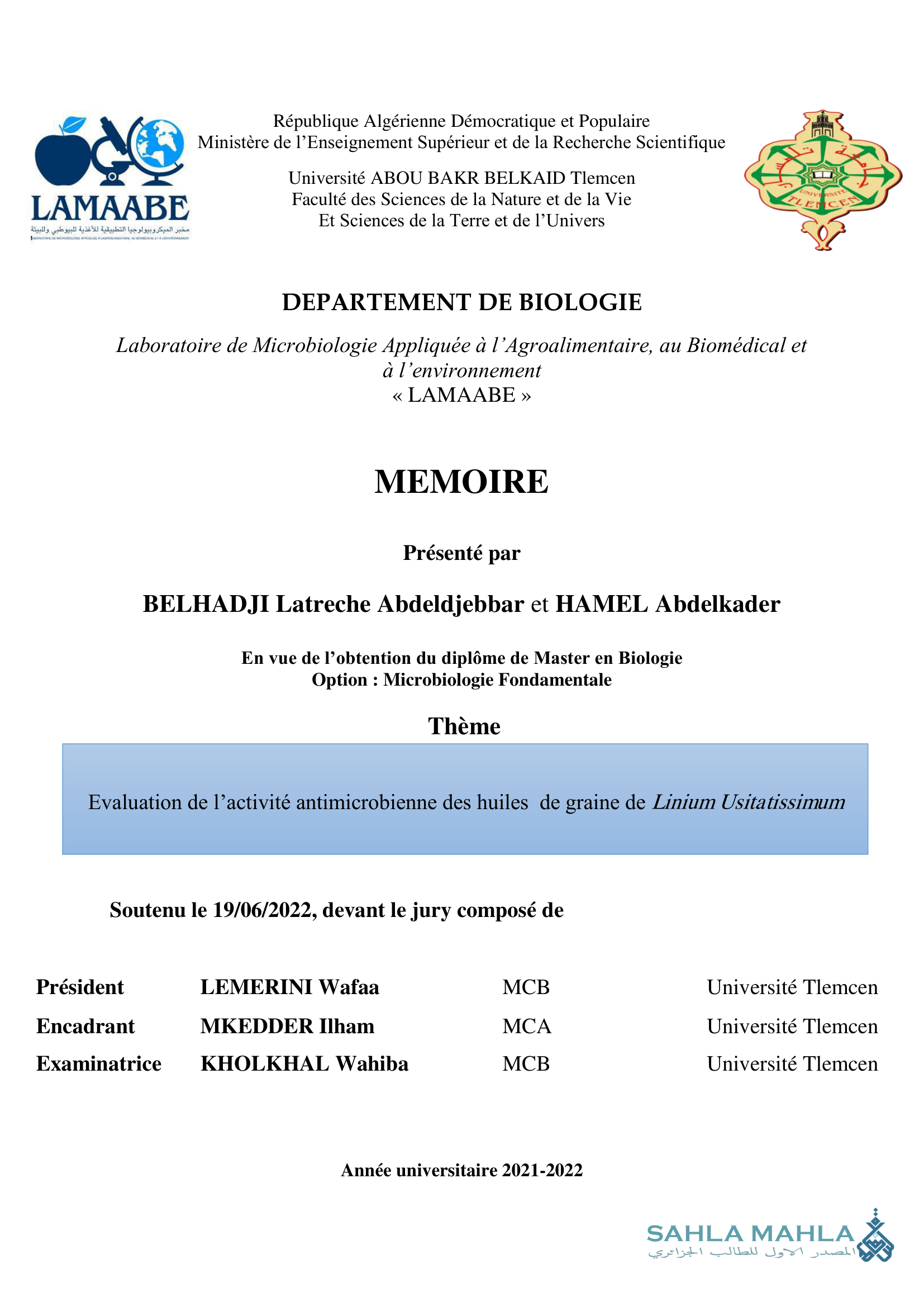 Evaluation de l'activité antimicrobienne des huiles de graine de Linium Usitatissimum
