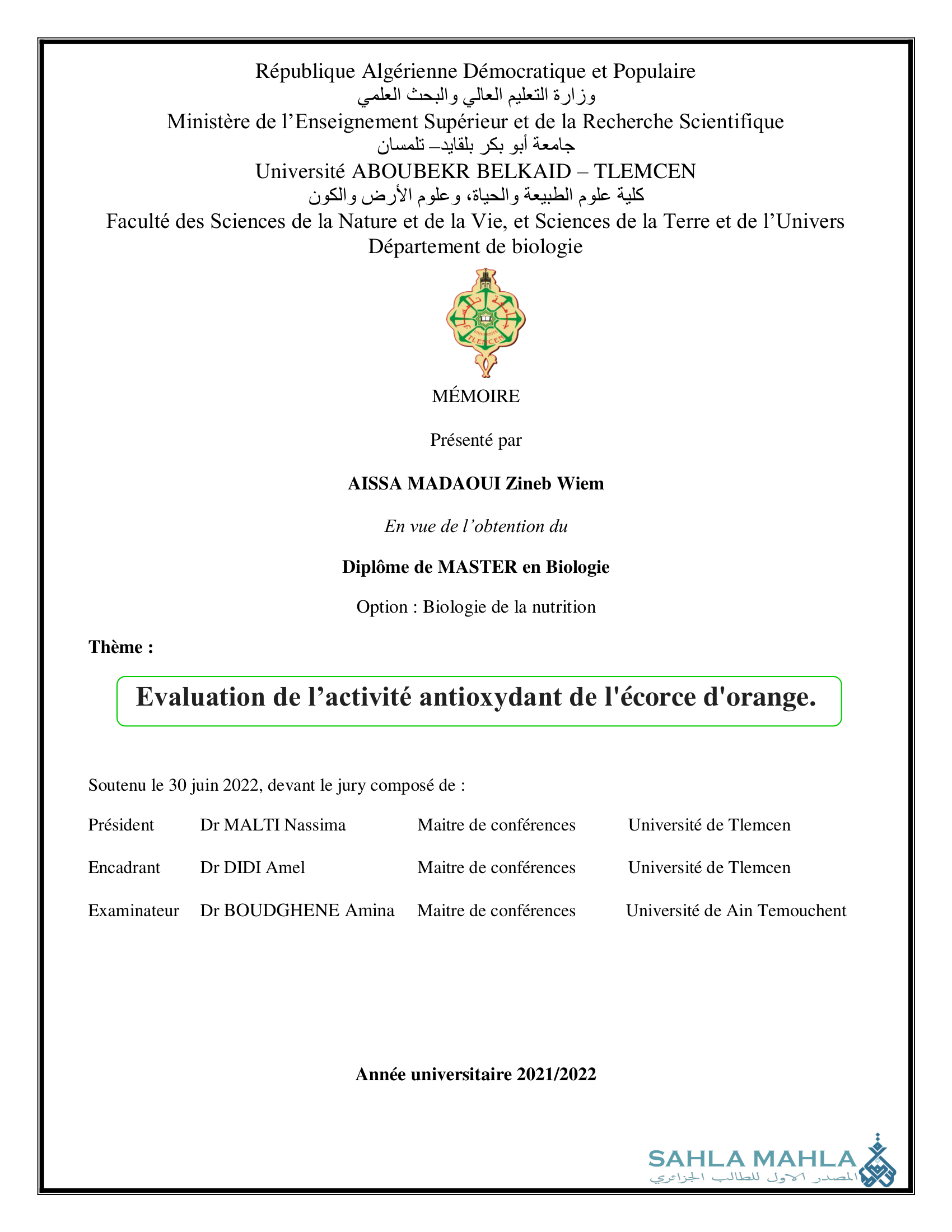 Evaluation de l'activité antioxydant de l'écorce d'orange.