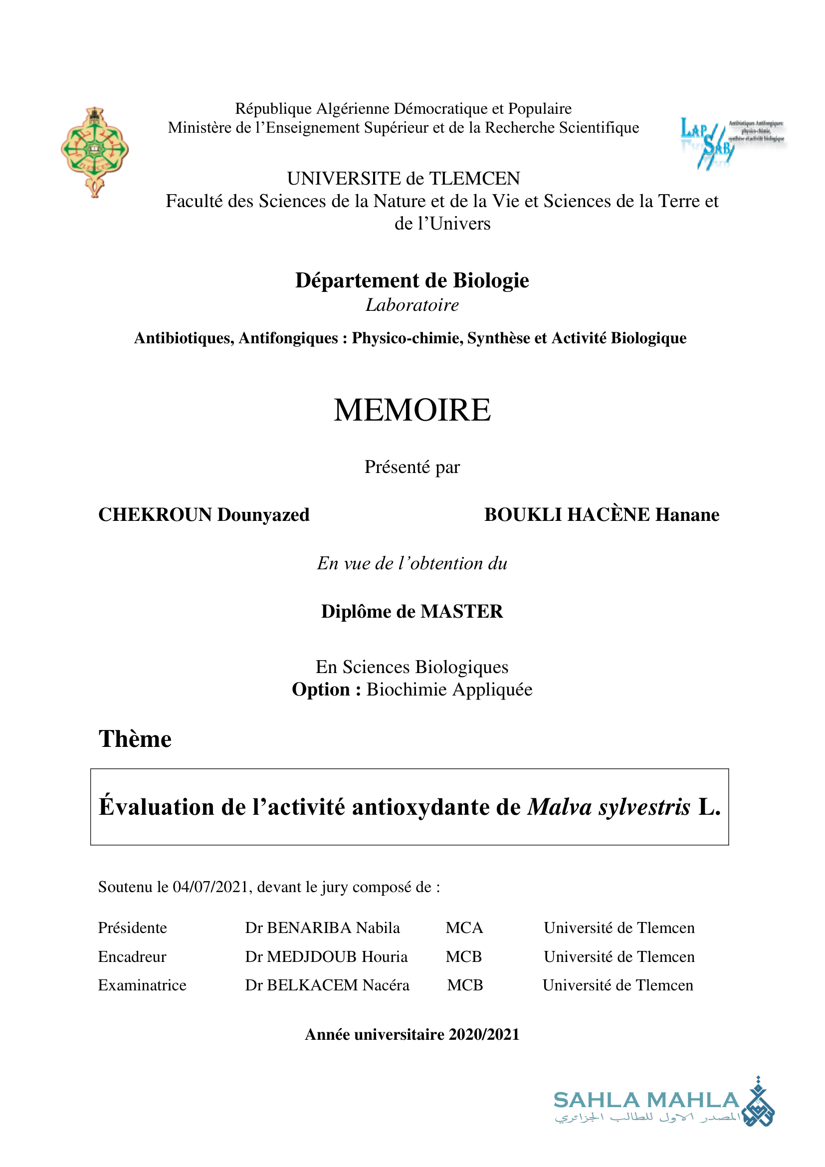 Évaluation de l'activité antioxydante de Malva sylvestris L.