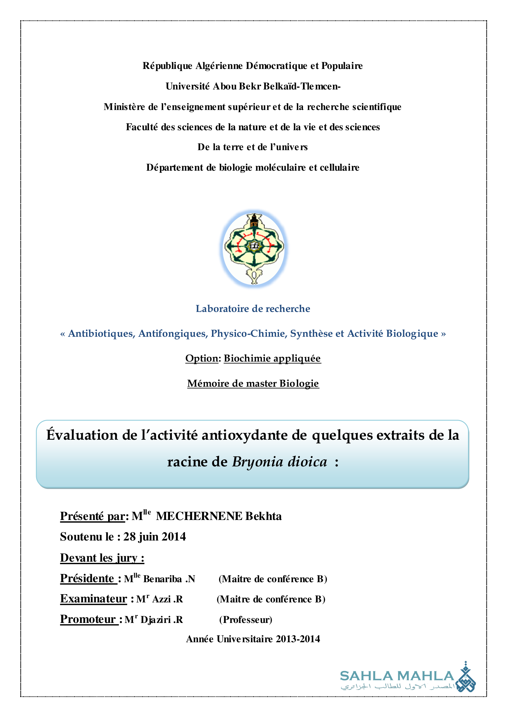 Évaluation de l'activité antioxydante de quelques extraits de la racine de Bryonia dioica