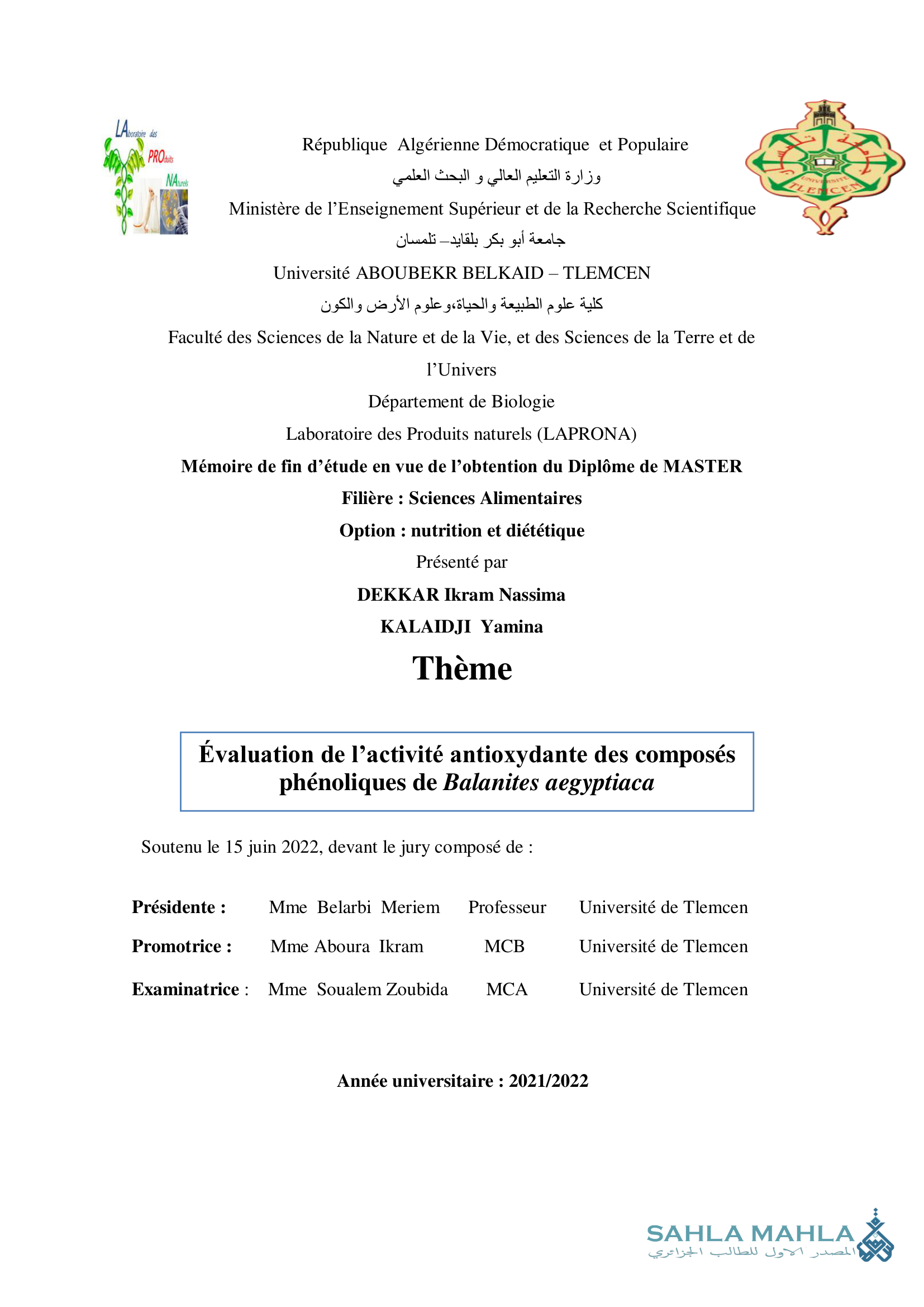 Évaluation de l'activité antioxydante des composés phénoliques de Balanites aegyptiaca