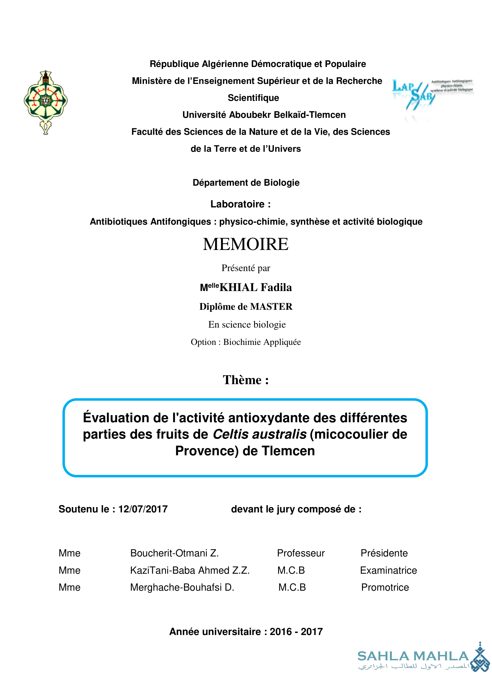 Évaluation de l'activité antioxydante des différentes parties des fruits de Celtis australis (micocoulier de Provence) de Tlemcen