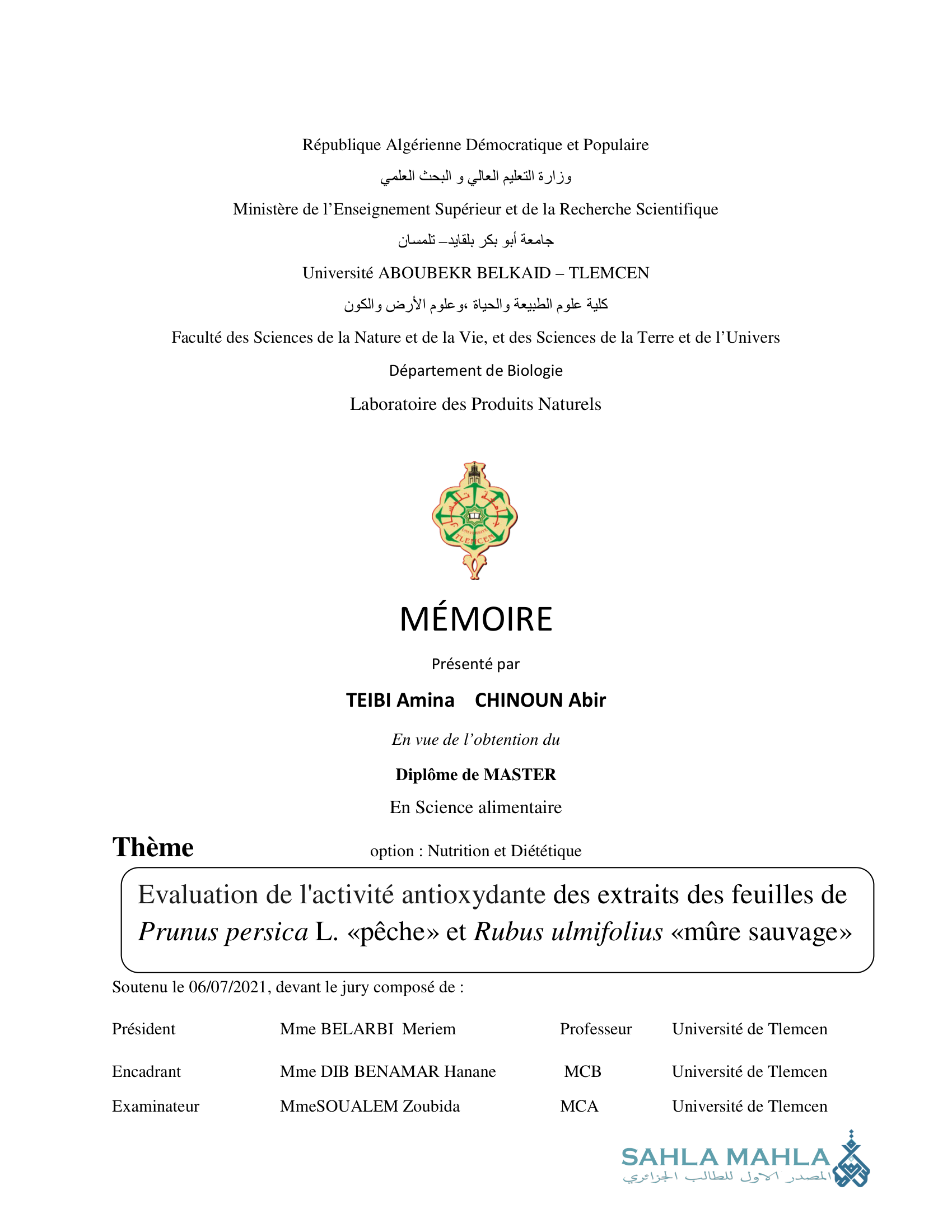 Evaluation de l'activité antioxydante des extraits des feuilles de Prunus persica L. «pêche» et Rubus ulmifolius «mûre sauvage»