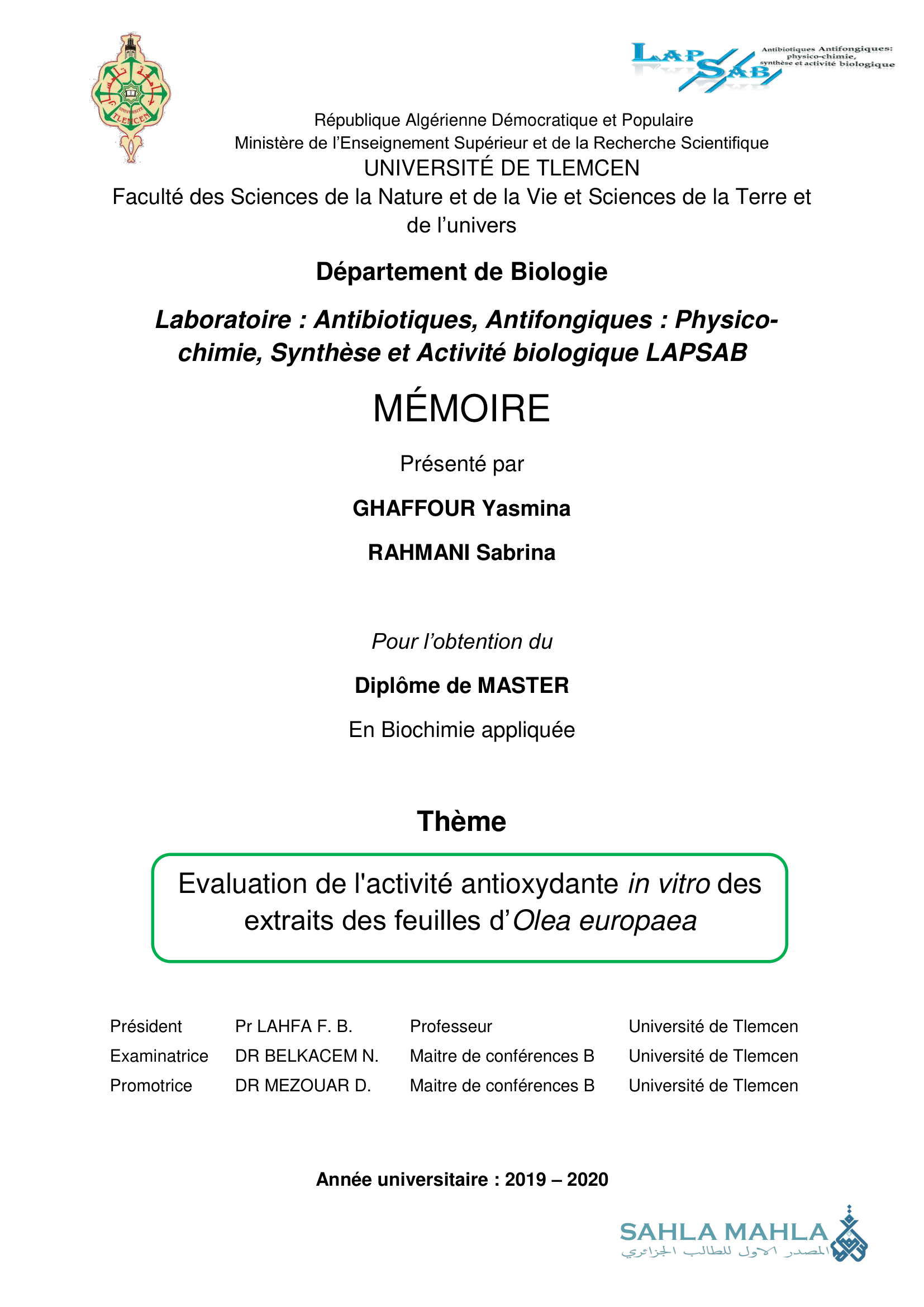 Evaluation de l'activité antioxydante in vitro des extraits des feuilles d'Olea europaea