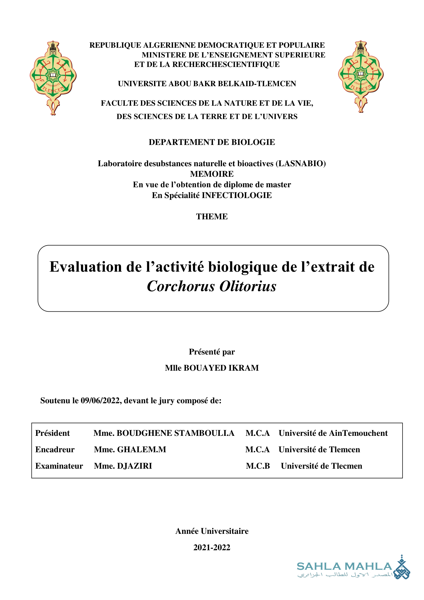 Evaluation de l'activité biologique de l'extrait de Corchorus Olitorius