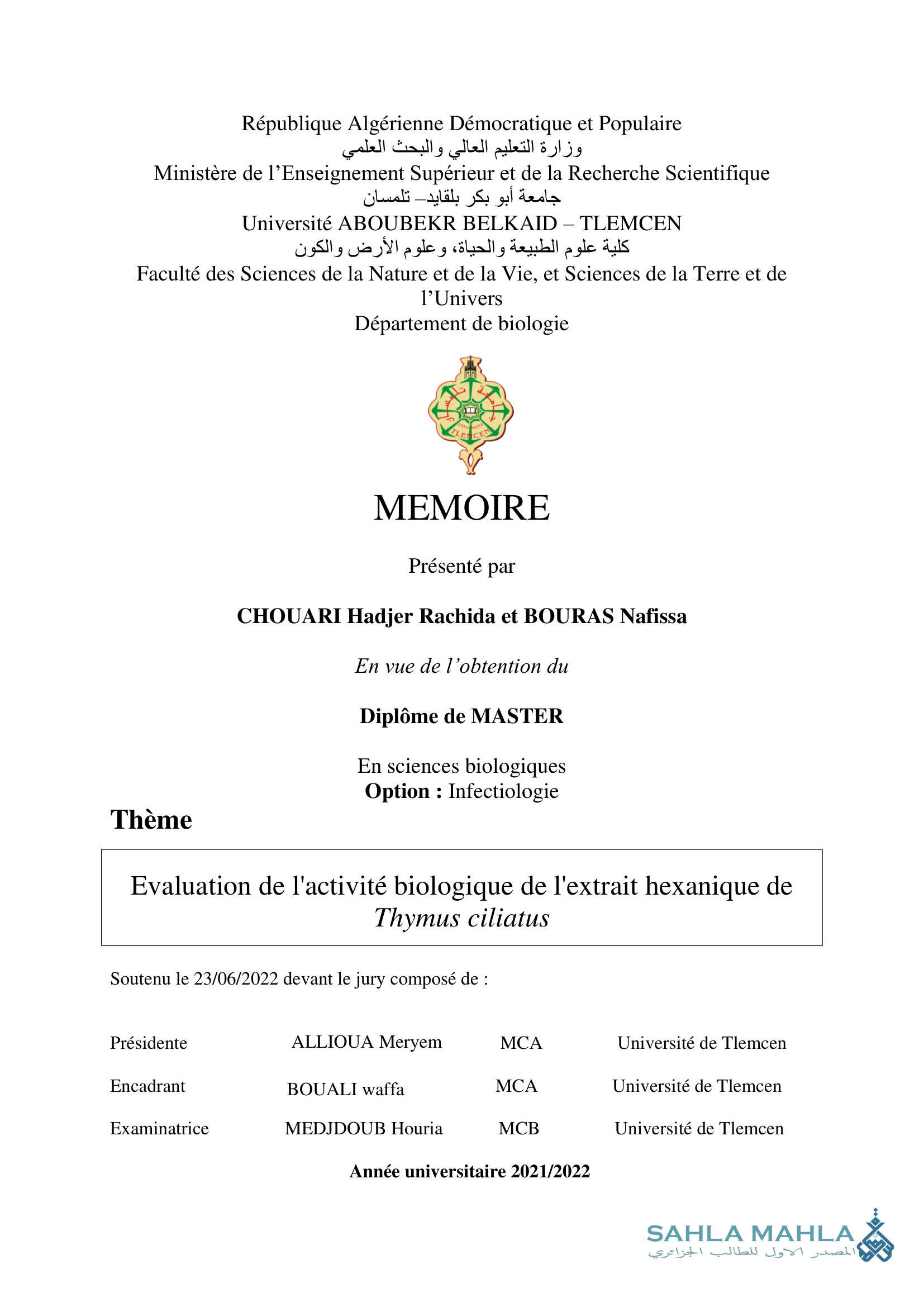 Evaluation de l'activité biologique de l'extrait hexanique de Thymus ciliatus