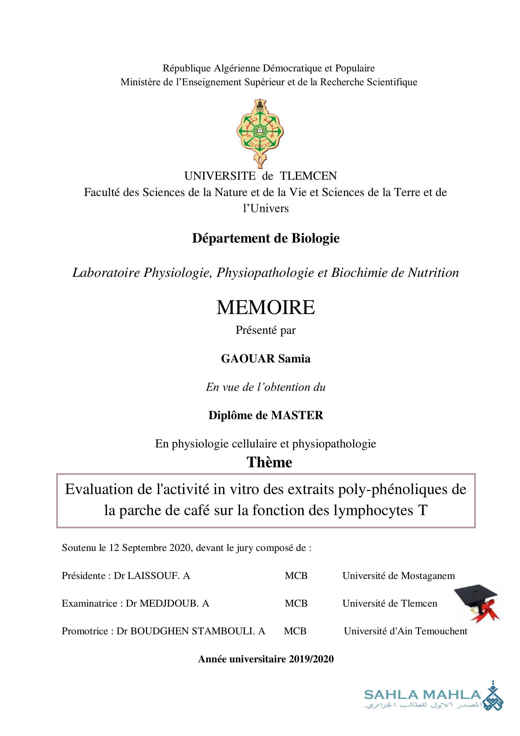 Evaluation de l'activité in vitro des extraits poly-phénoliques de la parche de café sur la fonction des lymphocytes T