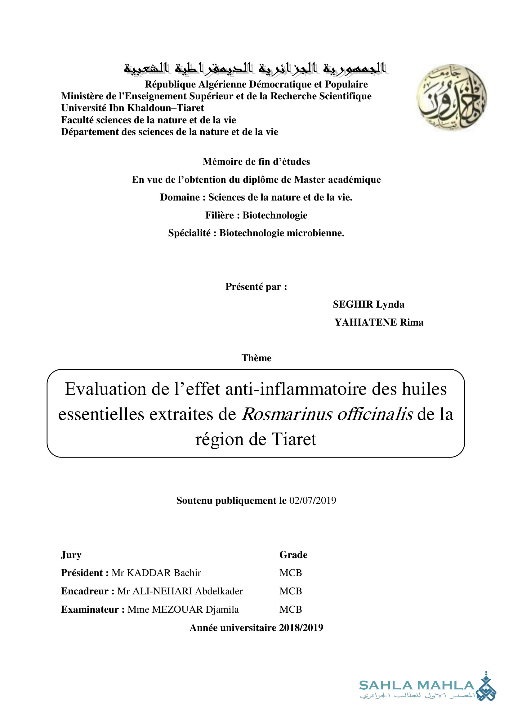 Evaluation de l'effet anti-inflammatoire des huiles essentielles extraites de Rosmarinus officinalis de la région de Tiaret