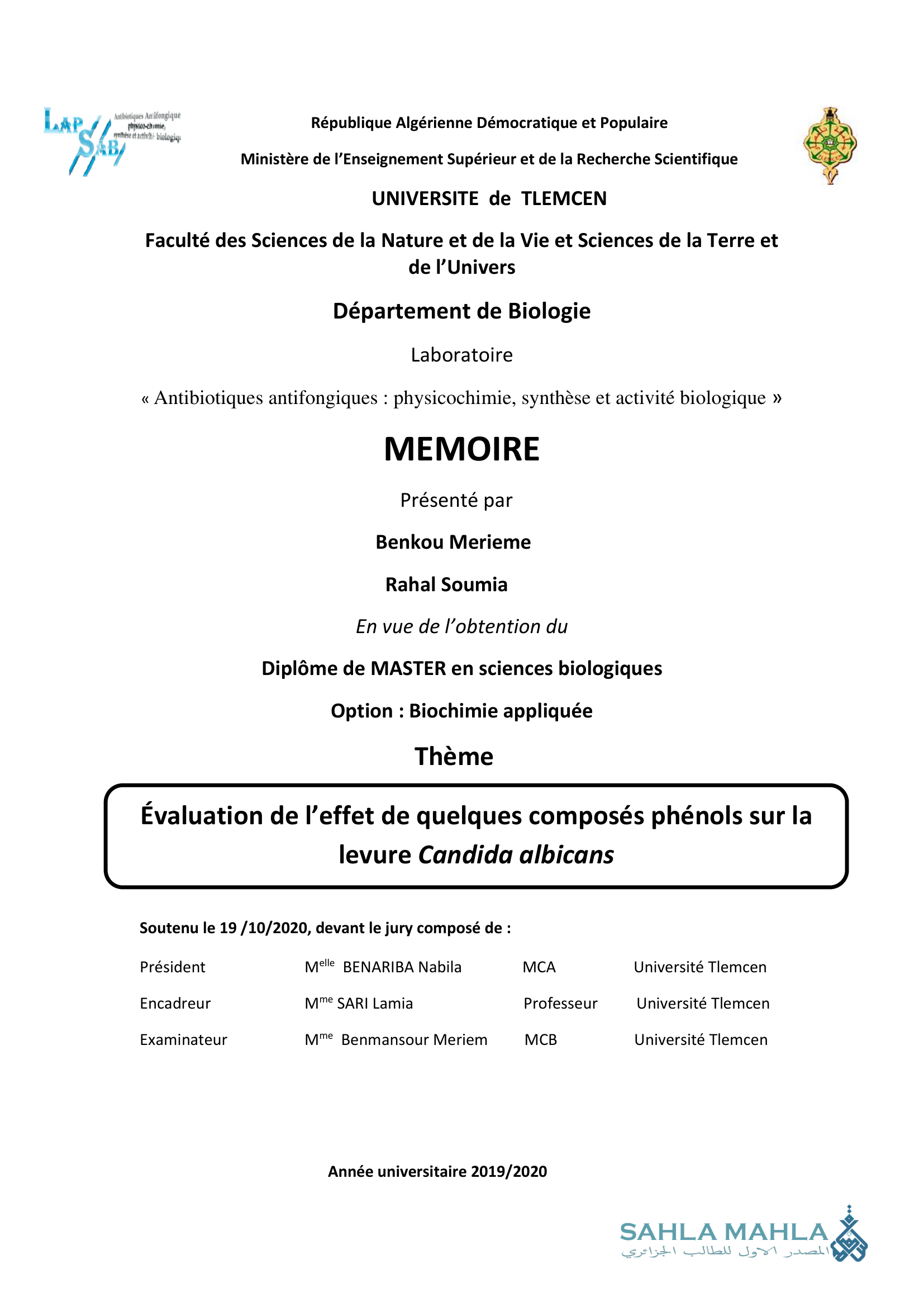 Évaluation de l'effet de quelques composés phénols sur la levure Candida albicans