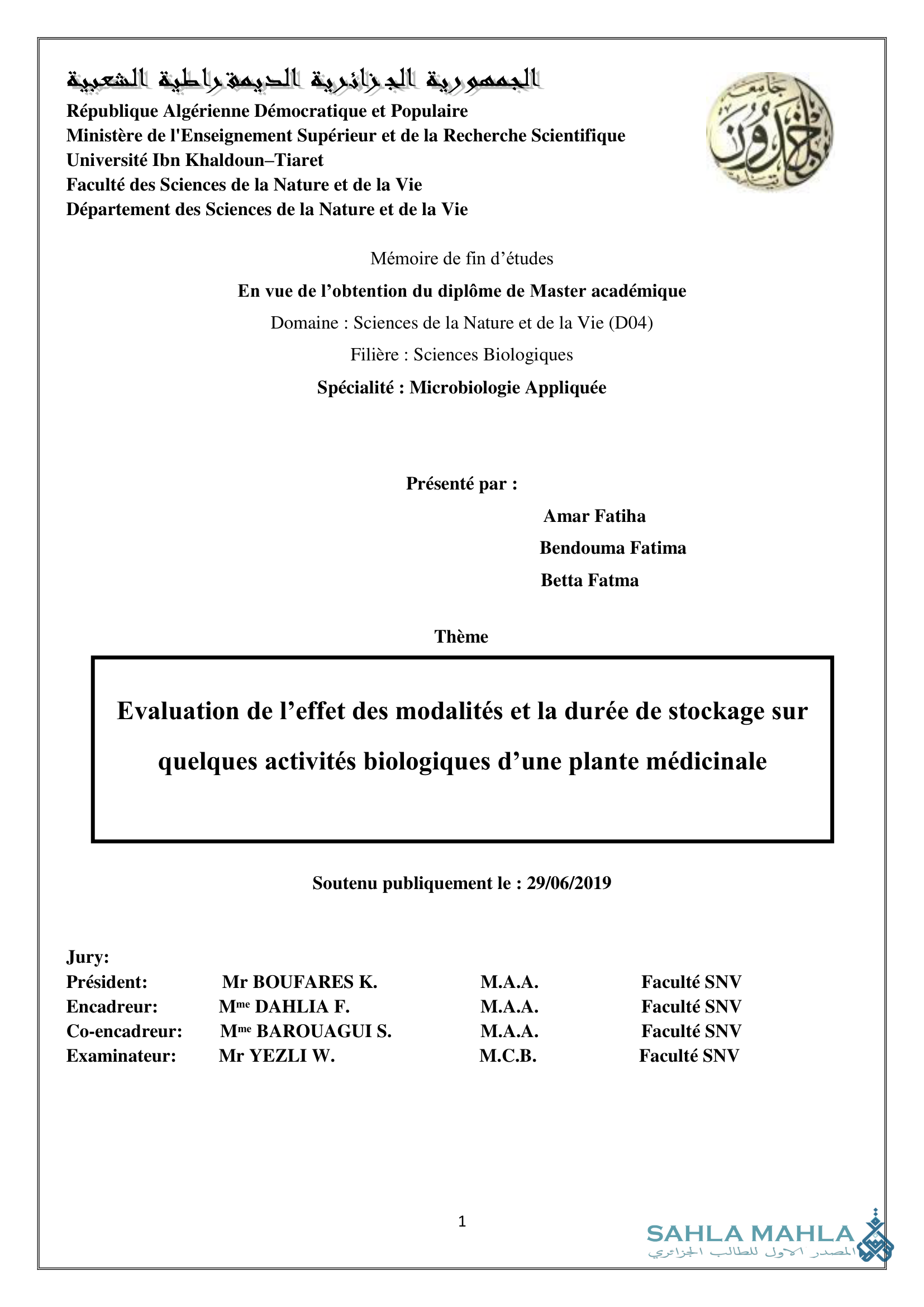 Evaluation de l'effet des modalités et la durée de stockage sur quelques activités biologiques d'une plante médicinale