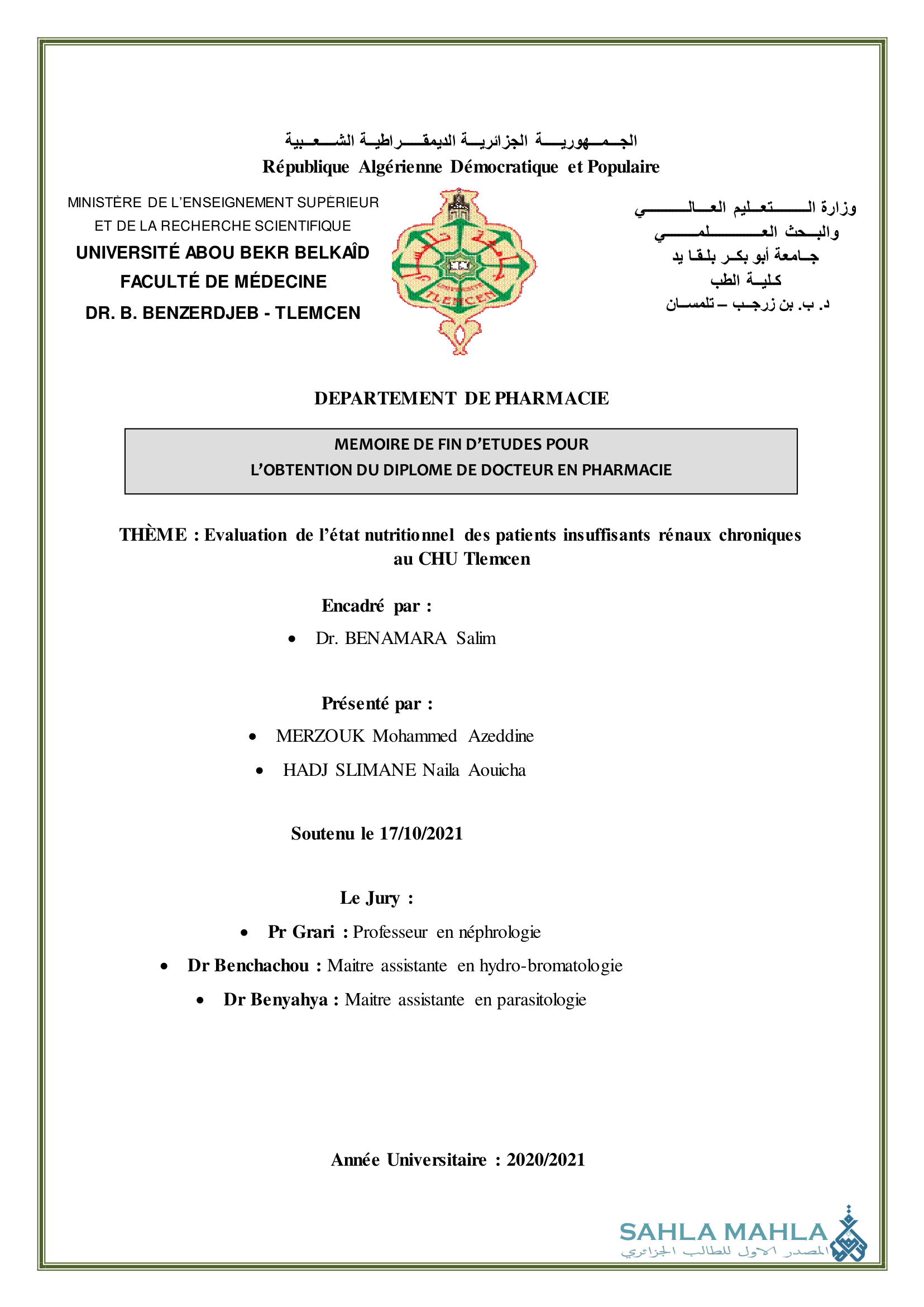 Evaluation de l'état nutritionnel des patients insuffisants rénaux chroniques au CHU Tlemcen