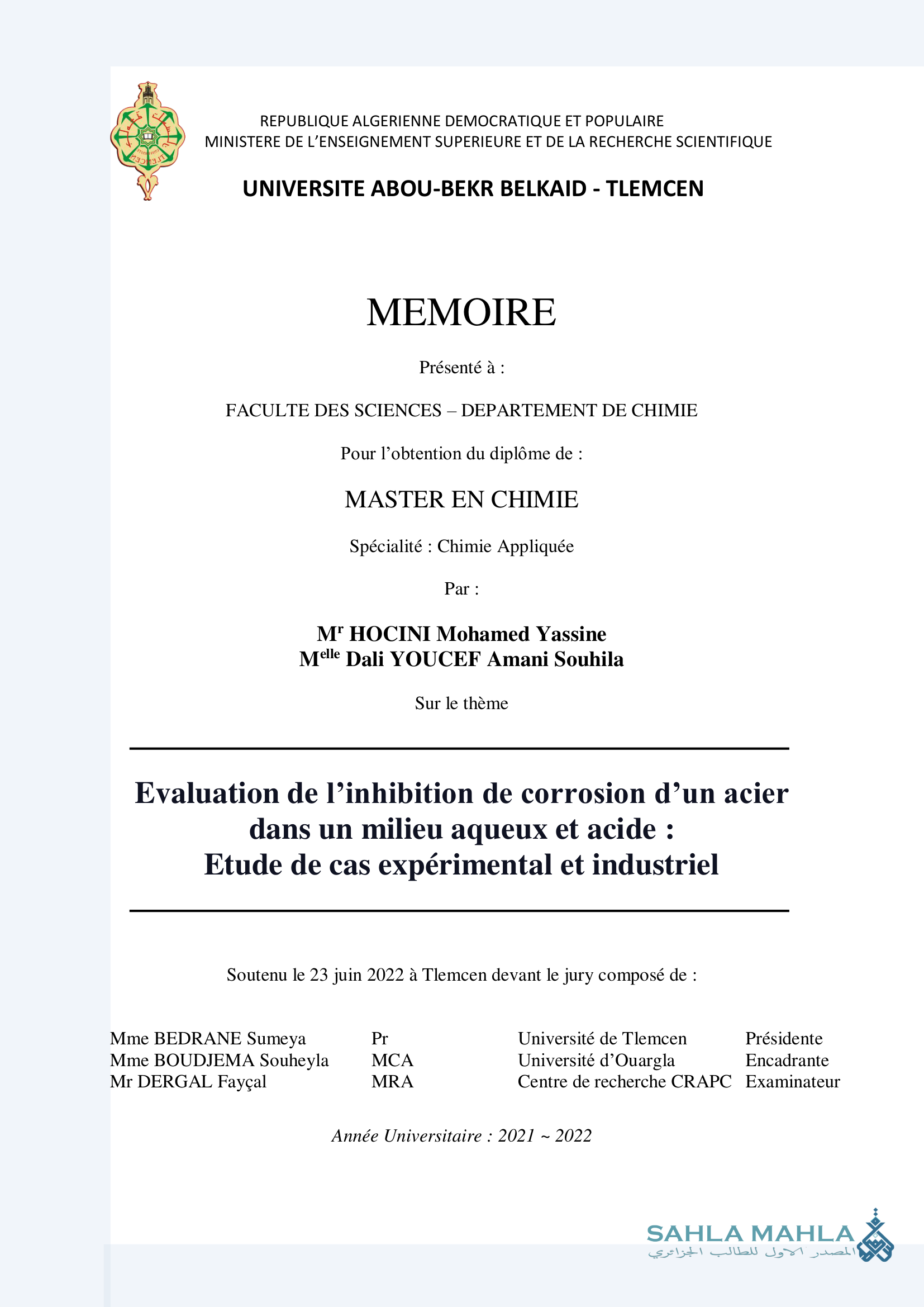 Evaluation de l'inhibition de corrosion d'un acier dans un milieu aqueux et acide : Etude de cas expérimental et industriel