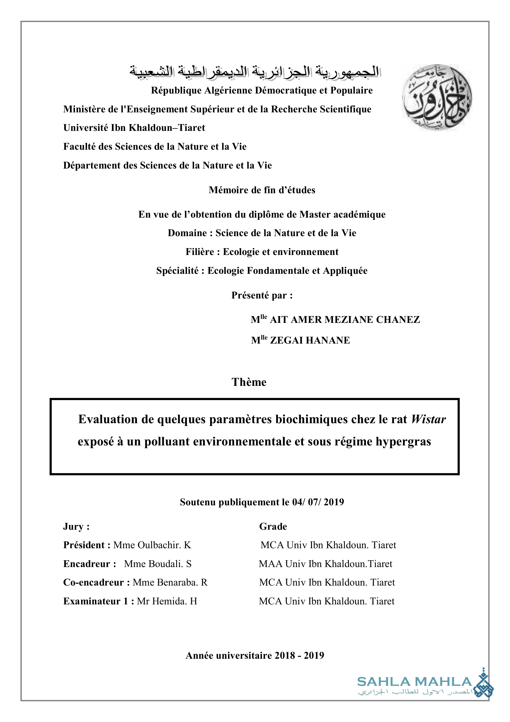 Evaluation de quelques paramètres biochimiques chez le rat Wistar exposé à un polluant environnementale et sous régime hypergras