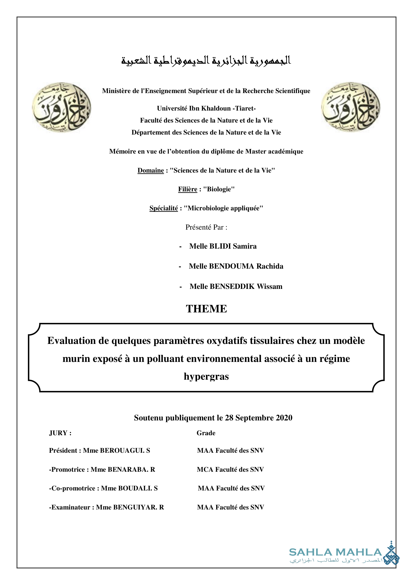Evaluation de quelques paramètres oxydatifs tissulaires chez un modèle murin exposé à un polluant environnemental associé à un régime hypergras