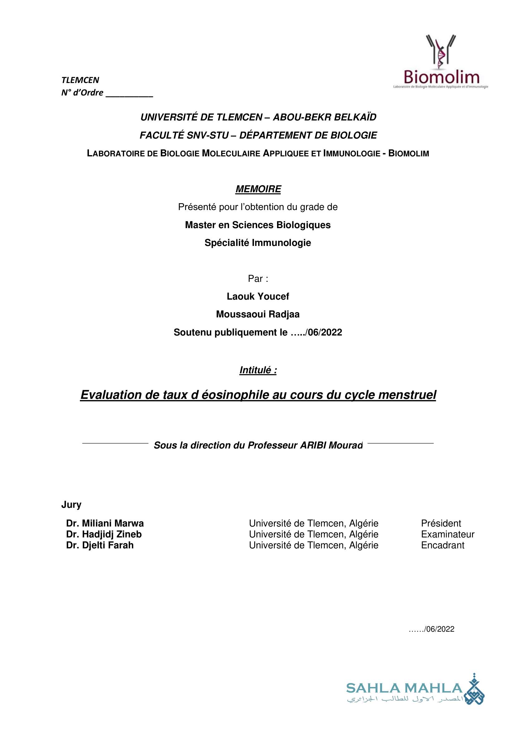 Evaluation de taux d éosinophile au cours du cycle menstruel