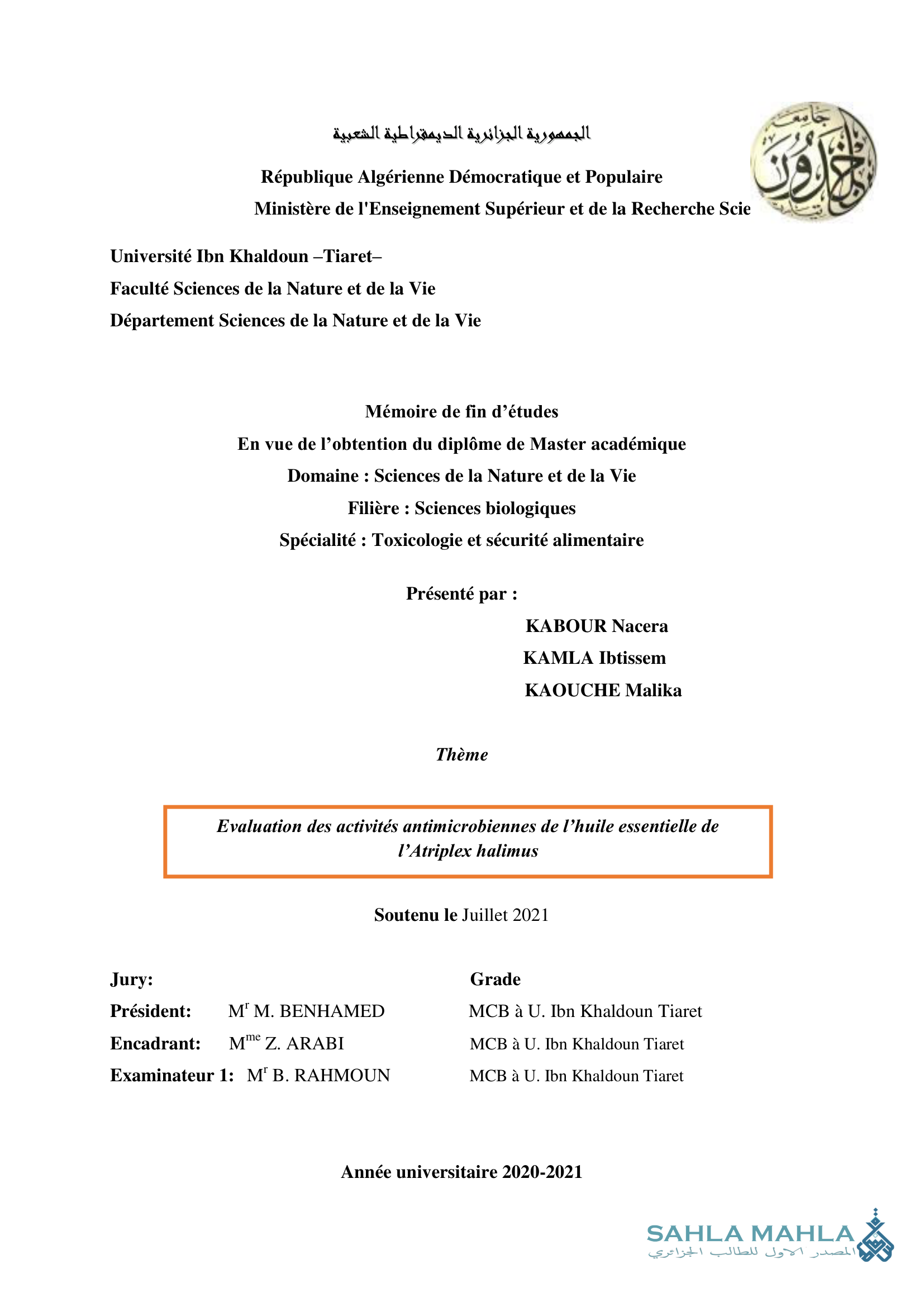 Evaluation des activités antimicrobiennes de l'huile essentielle de l'Atriplex halimus