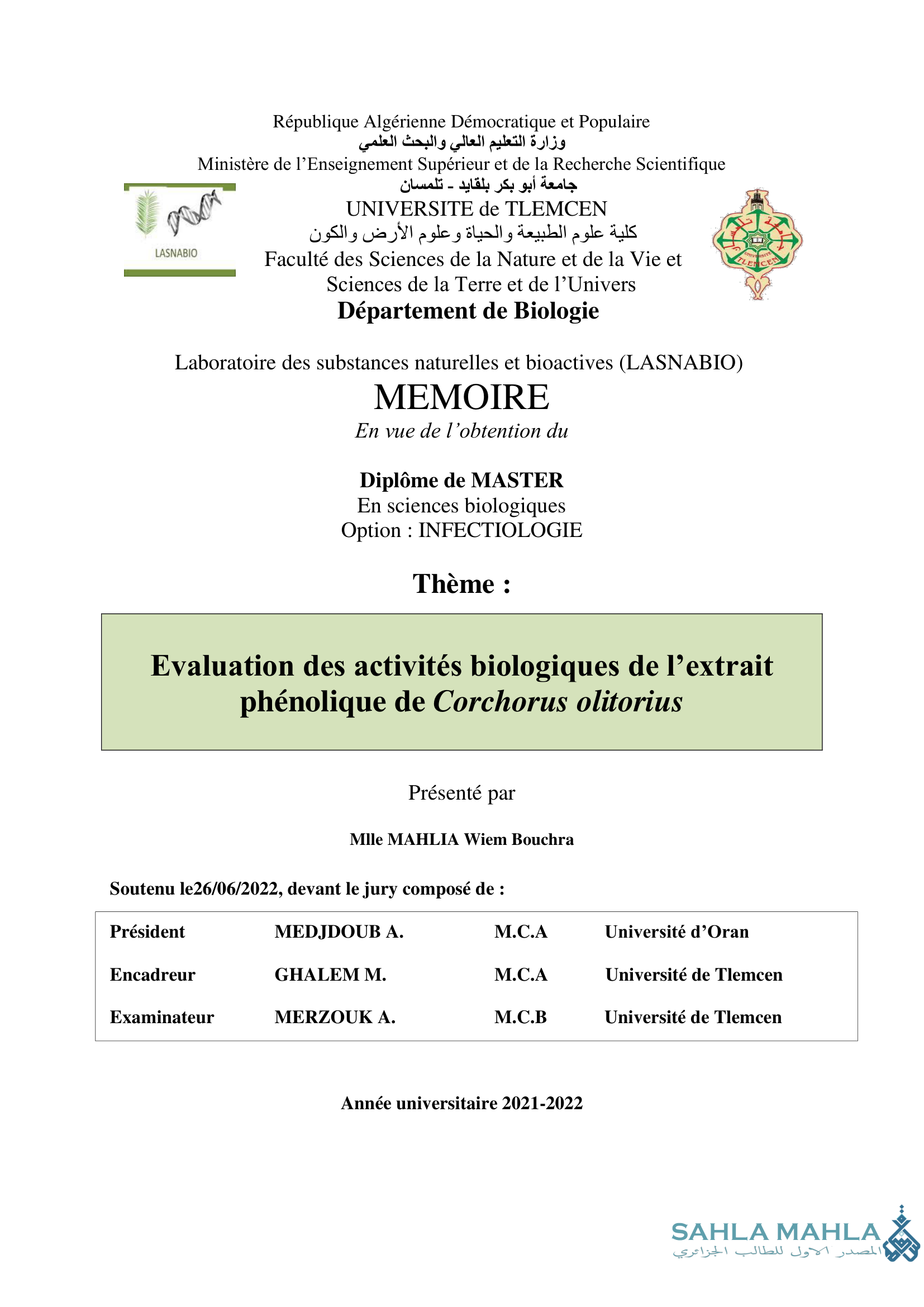 Evaluation des activités biologiques de l'extrait phénolique de Corchorus olitorius