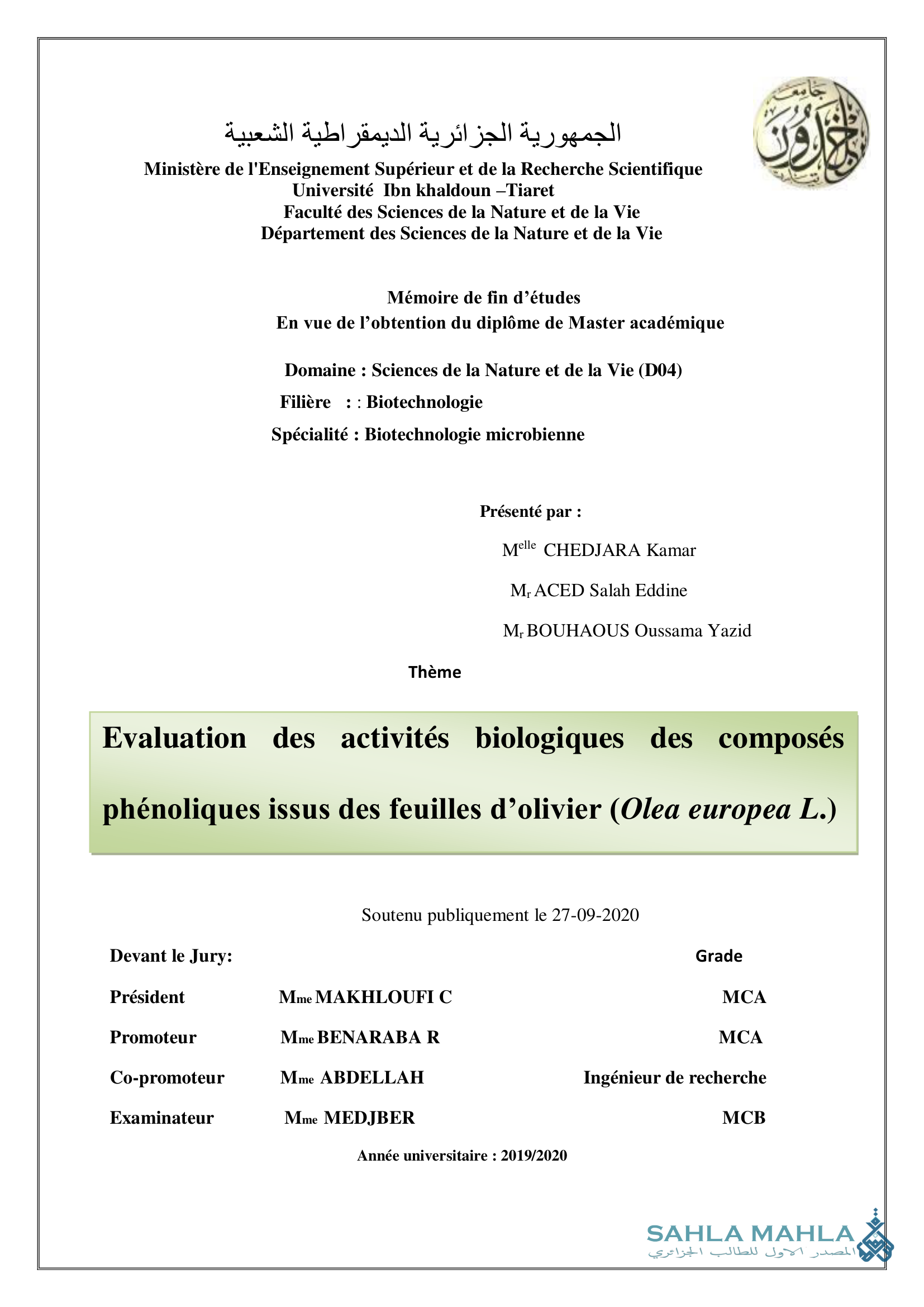 Evaluation des activités biologiques des composés phénoliques issus des feuilles d'olivier (Olea europea L.)